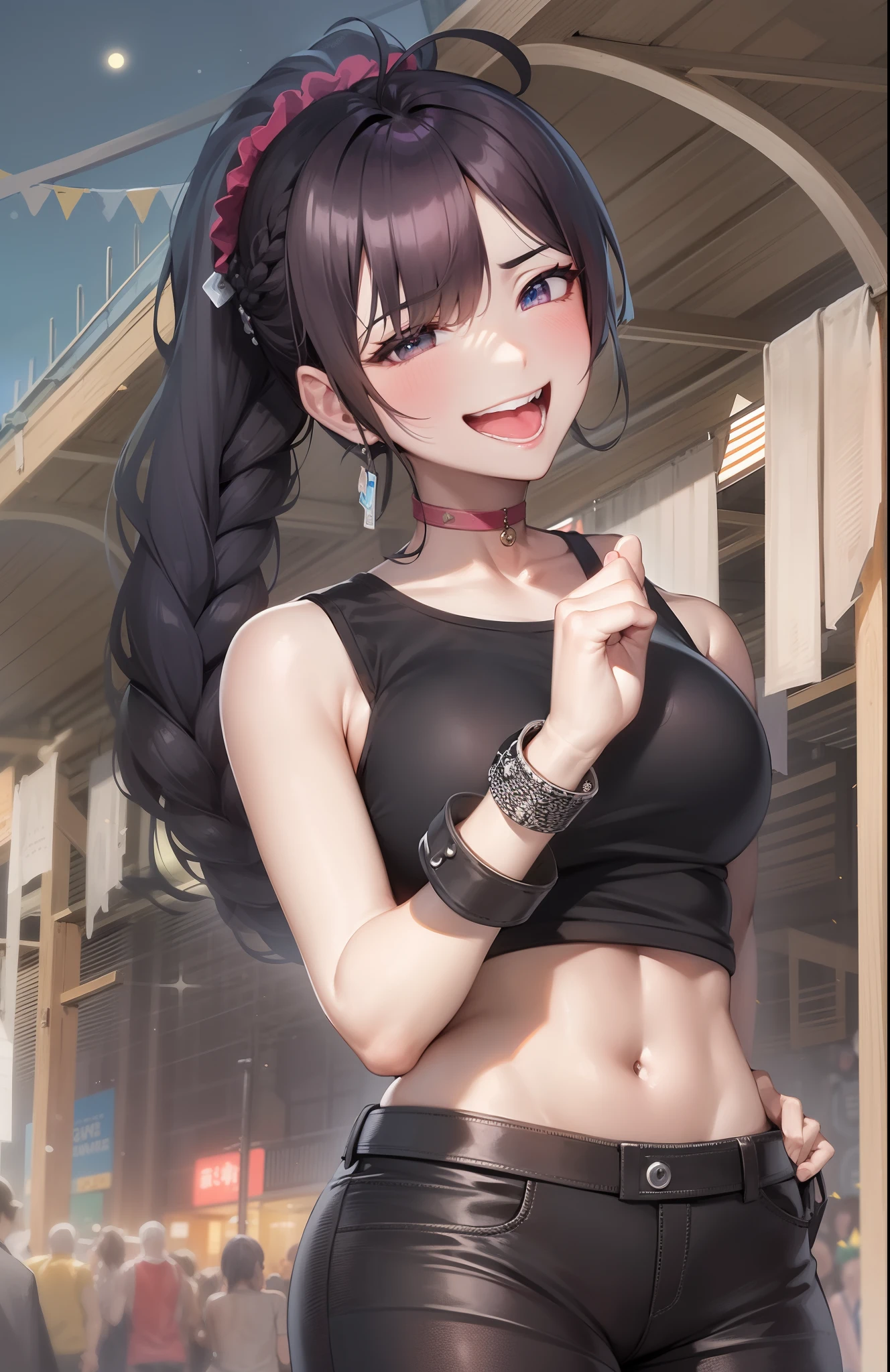 Black tank top、Pink Leather Pants、adult lady、(huge bust)、Festival Venue、A lot of women are gathered here、full body Esbian、Looks happy、celebration,Banzai、Gentle smile、Beautuful Women、beatiful back grounds、{{{best quality}}}, {{ultra-detailed}}, {illustration},{{{masterpiece}}},braid ponytail,ahoge,black hair,