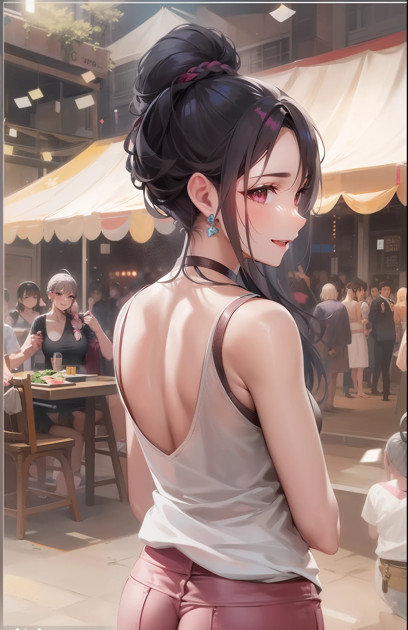 Black tank top、Pink Leather Pants、adult lady、(huge bust)、Festival Venue、A lot of women are gathered here、full body Esbian、Looks happy、celebration,Banzai、Gentle smile、Beautuful Women、beatiful back grounds、{{{best quality}}}, {{ultra-detailed}}, {illustration},{{{masterpiece}}},braid ponytail,ahoge,black hair,