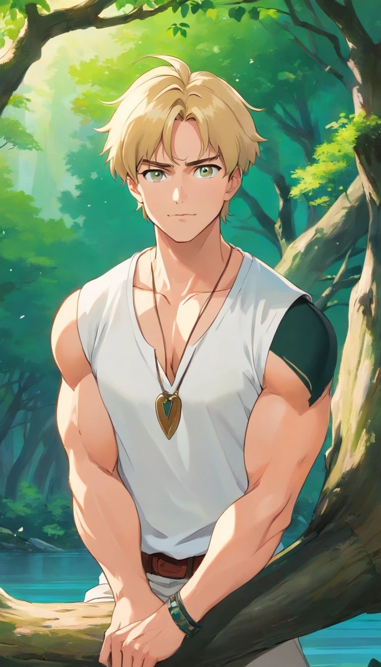 Ghibli style, Arnold Schwarzenegger, \(Arnold Schwarzenegger\), 1guy, American, (cheerful:1,5), Muscled, 50 y.o., armlet, bangs, Blond hair, black undershirt, breasts, cape, circlet, earrings, facepaint, floating hair, forest, fur cape, necklace, outdoors, parted bangs, shirt, short hair, sleeveless, sleeveless shirt, solo, tooth necklace, tree, upper body, white shirt pointing the viewer, looking at viewer, sitting on a bent tree branch leaning towards the water, green background luxuriant forest in studio ghibi style, solo, muscular physique, confident expression, iconic jawline, strong jawline, intense gaze, cinematic composition, ((masterpiece)), blonde hair, closed mouth, simple background, upper body