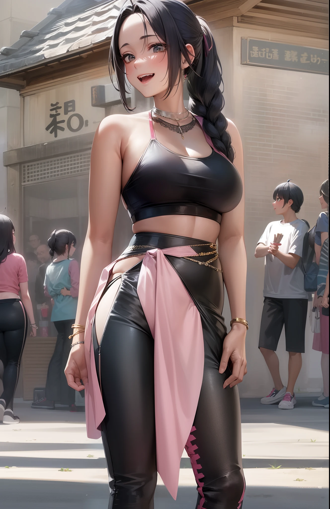 Black tank top、Pink Leather Pants、adult lady、(huge bust)、Festival Venue、A lot of women are gathered here、full body Esbian、Looks happy、celebration,Banzai、Gentle smile、Beautuful Women、beatiful back grounds、{{{best quality}}}, {{ultra-detailed}}, {illustration},{{{masterpiece}}},braid ponytail,ahoge,black hair,