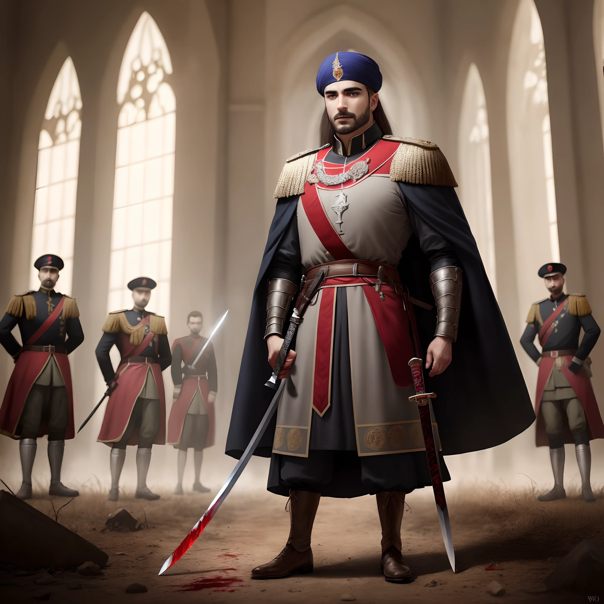 prince mustapha of the Ottoman empire holding a sword coveredwith blood while standing before the who looked terrified of him, body of dead soldiers litter the ground, medieval, photorealistic, realistic, protography, 4k, 8k, high quality