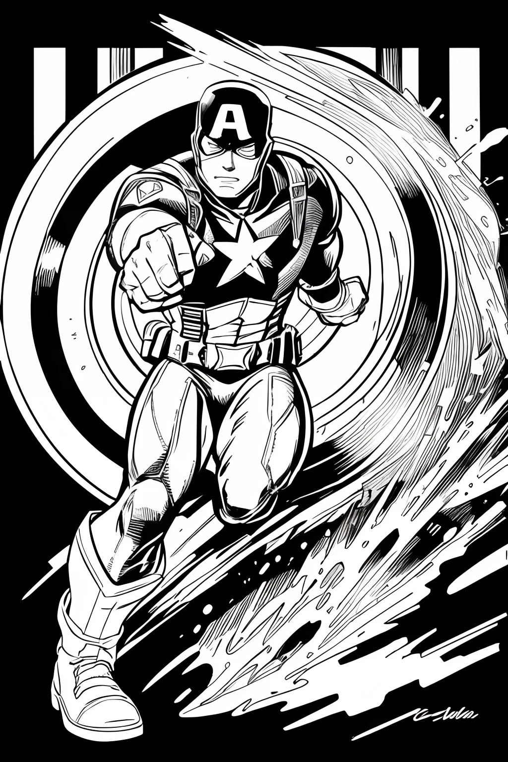 kids' illustration, coloring page for kids, captain America in action, thick lines, low details, no shading