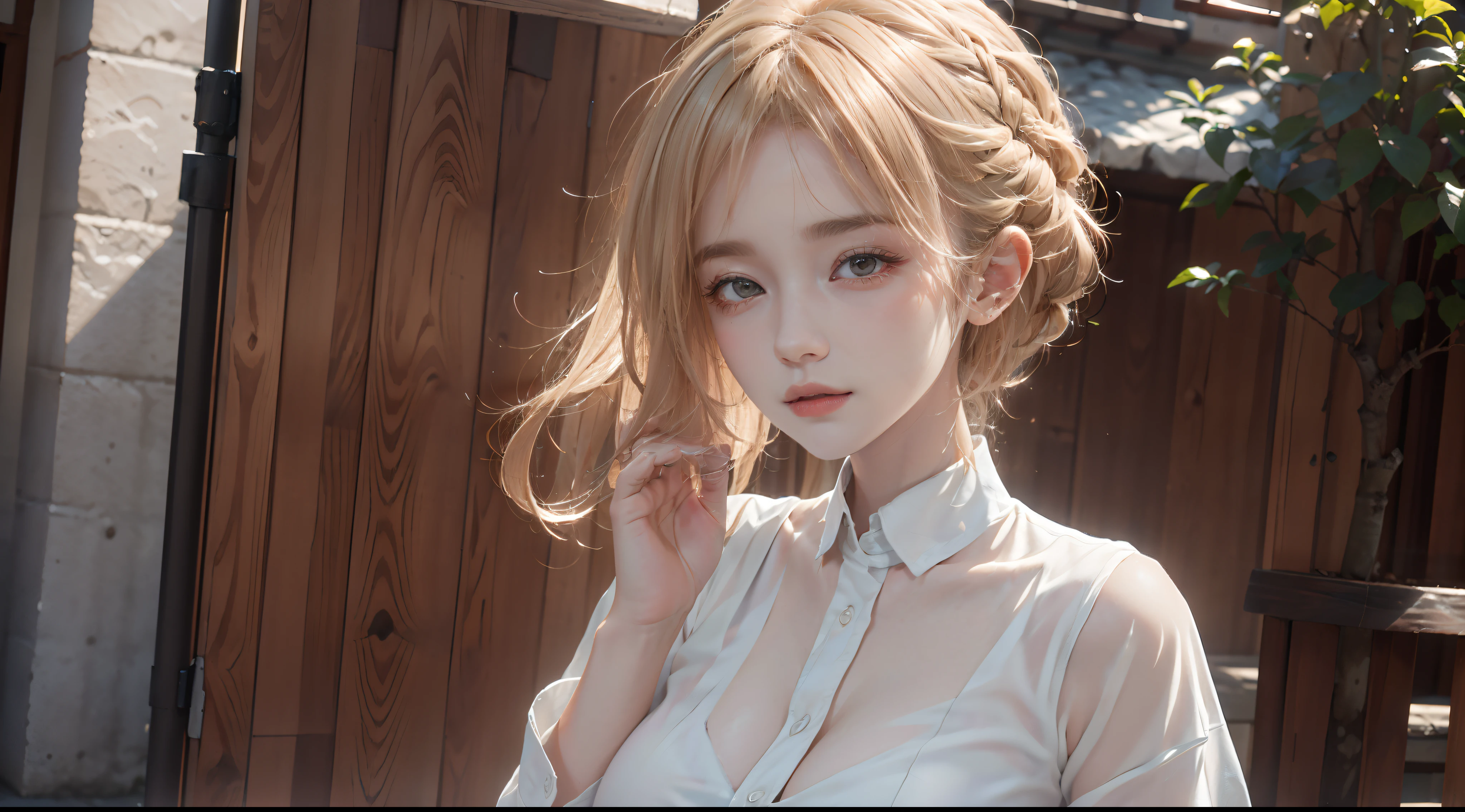 a 20-year-old woman, Blond, (hi-top fade:1.3), dunkles Thema, soothing tones, dim colors, Hoher Kontrast, (natural skin texture, Hyperrealismus, Weiches Licht, scharf)