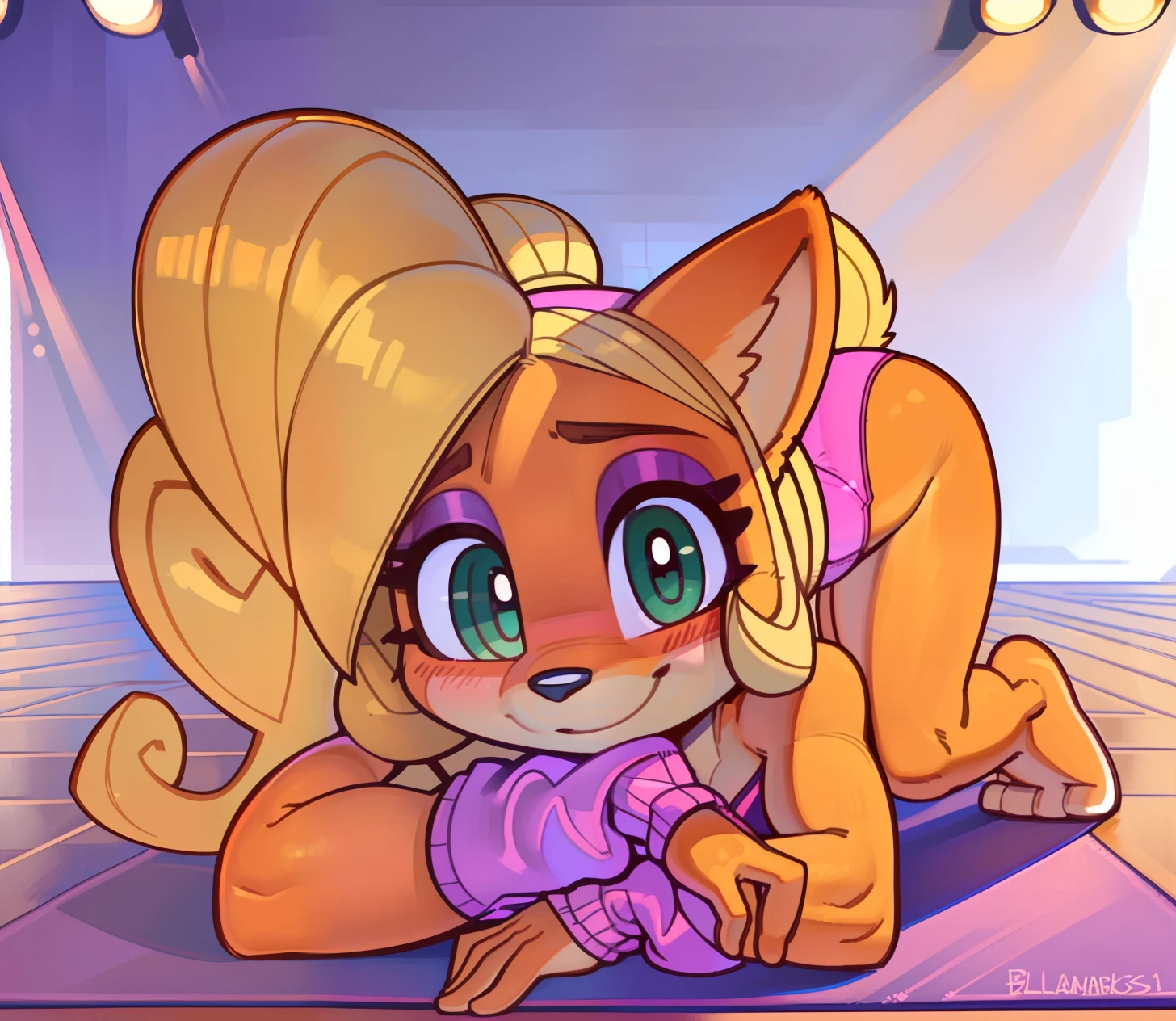 [Coco bandicoot], [Uploaded to e621.net; (Pixelsketcher), (wamudraws)], ((masterpiece)), ((solo portrait)), ((full body)), ((front view)), ((furry; anthro)), ((detailed fur)), ((detailed shading)), ((beautiful render art)), ((feet visible)), ((cel shading)), ((intricate details)), {anthro, orange fur, black nose, cute green eyes, pink eyeshadow, (cute smile), (blushing), blonde hair, ponytail, (beautiful legs), (beautiful feet), (counter-shade feet), (defined leg muscles)}, {(pink leotard), (pink leg warmers)}, {(on yoga mat), (all fours), (on knees)}, [background; (dance studio), (open room), (white walls), (ceiling lights)]