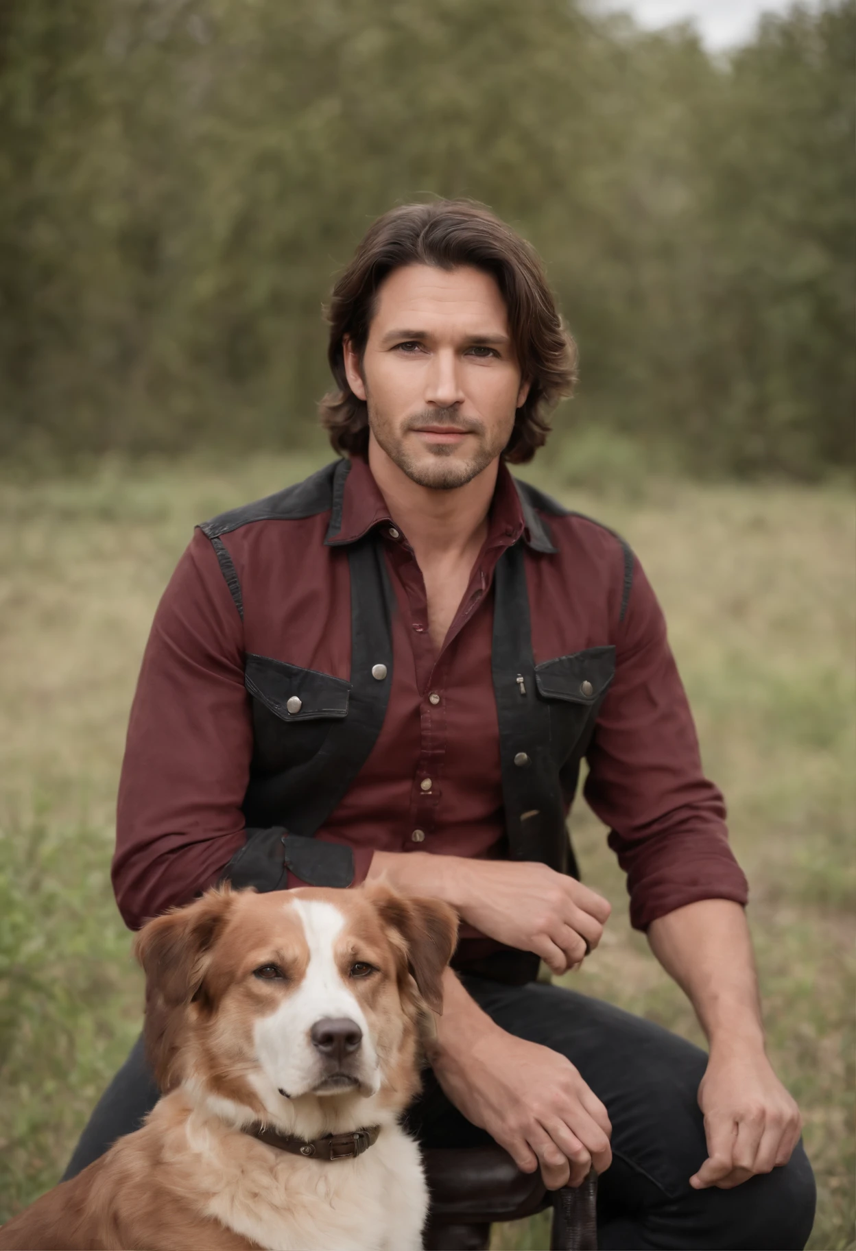 A 39 year old guy with wavy brown hair and dark brown eyes wearing a dark red and black cowboy shirt and black jeans and dark cowboy boots with his dogs
