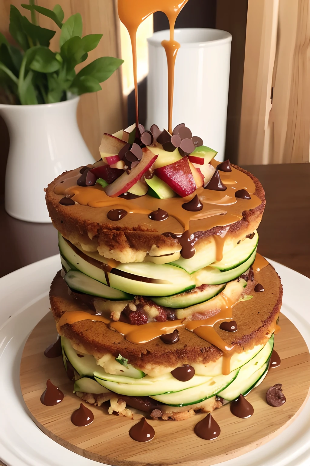 courgette, bacon, Chocolate chips, a cake, Caramel syrup, apples