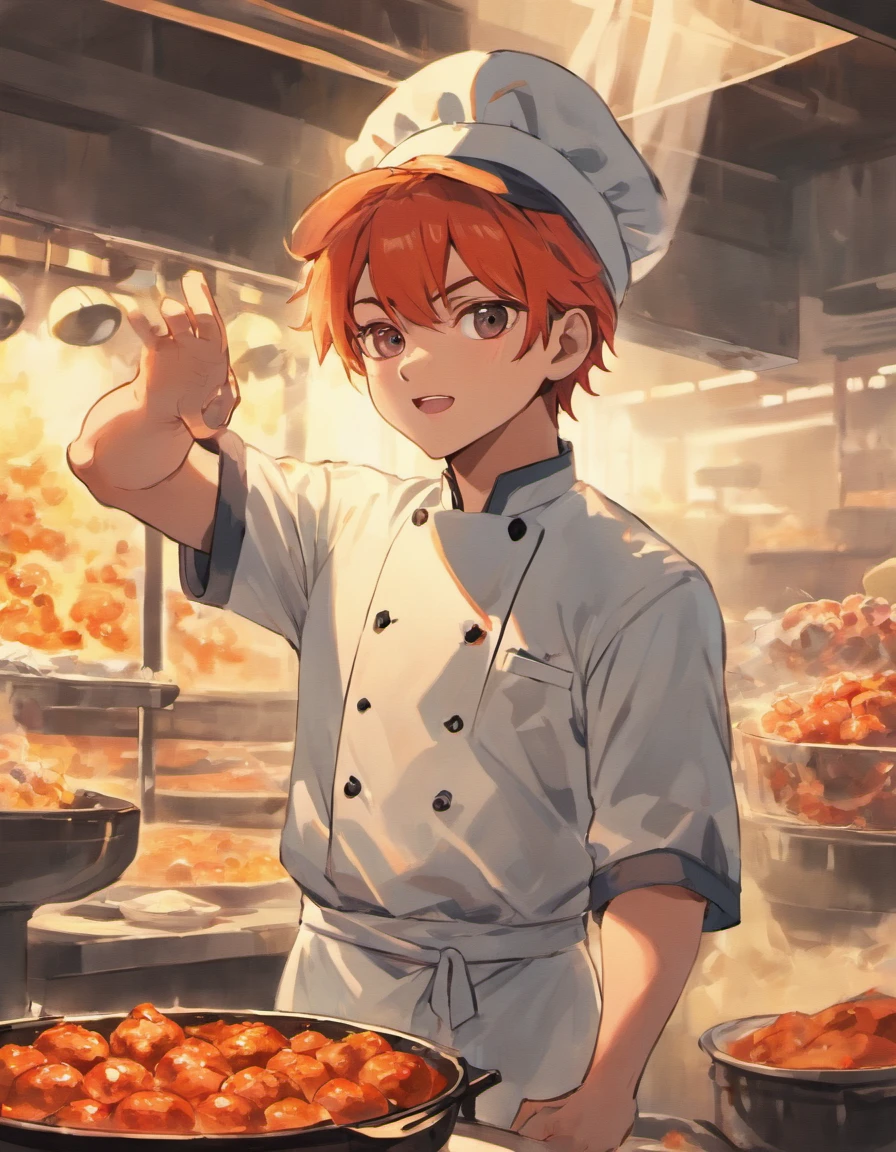 A chef in the shop，With a hat and a towel around his neck, he made meatballs by hand