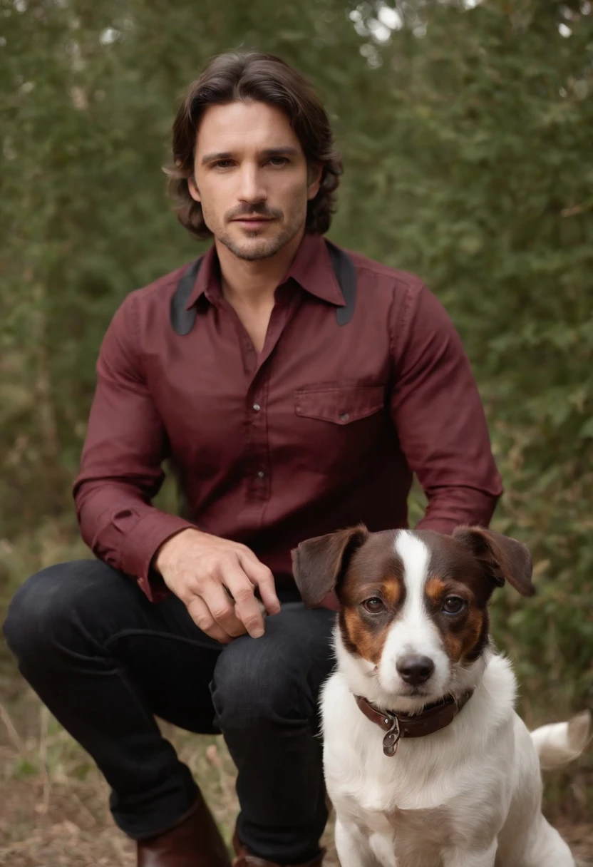 A 39 year old guy with wavy brown hair and dark brown eyes wearing a dark red and black cowboy shirt and black jeans and dark cowboy boots with his Jack Russell Terriera
