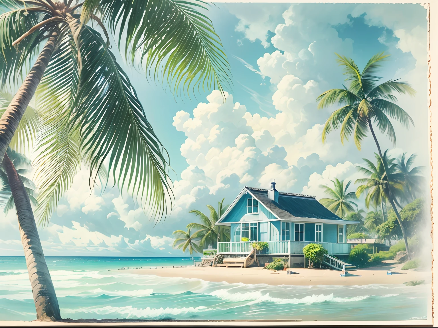 Holiday cottage, Blue-white,Coconut Tree, beachside, spray..