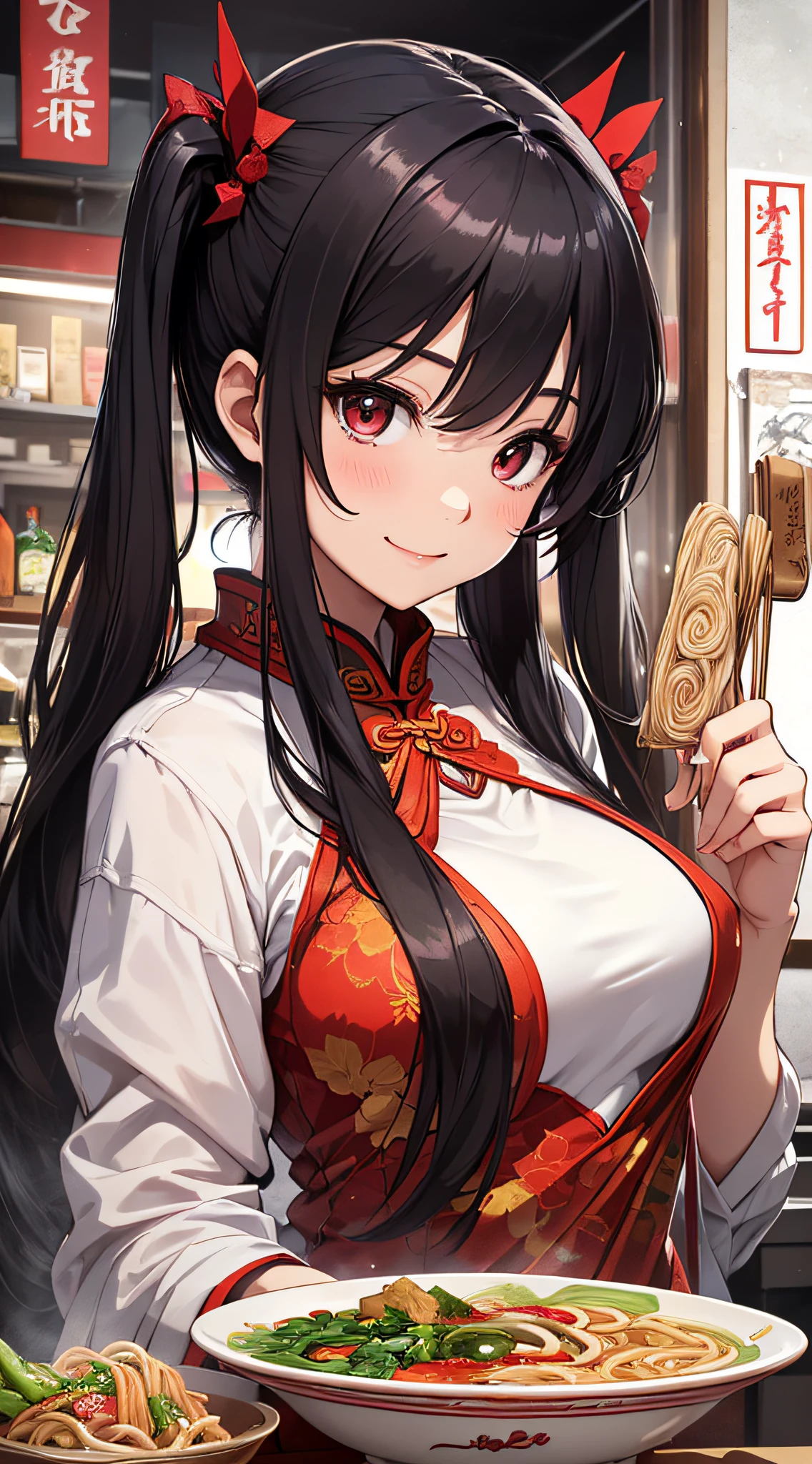 top-quality、Top image quality、masterpiece、girl with((18year old、Red cheongsam、Best Bust、Bust 90、Twintails with black hair、Red Eyes、open chest wide、Valley、Happiness、A slender、ssmile,drunken fist))hiquality、Beautiful Art、Background with((Beautiful ramen shop))、masutepiece、Elaborate design、visualart、