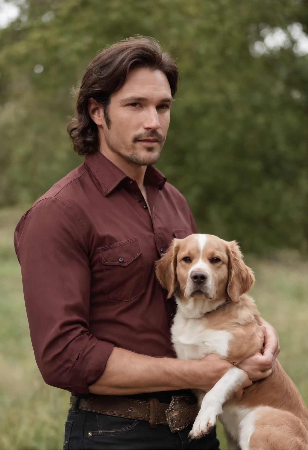 A 39 year old guy with wavy brown hair and dark brown eyes wearing a dark red and black cowboy shirt and black jeans and dark cowboy boots with his dogs