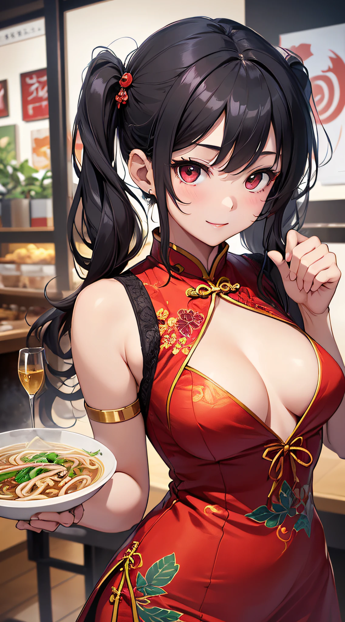 top-quality、Top image quality、masterpiece、girl with((18year old、Red cheongsam、Best Bust、Bust 90、Twintails with black hair、Red Eyes、open chest wide、Valley、Happiness、A slender、ssmile,drunken fist))hiquality、Beautiful Art、Background with((Beautiful ramen shop))、masutepiece、Elaborate design、visualart、