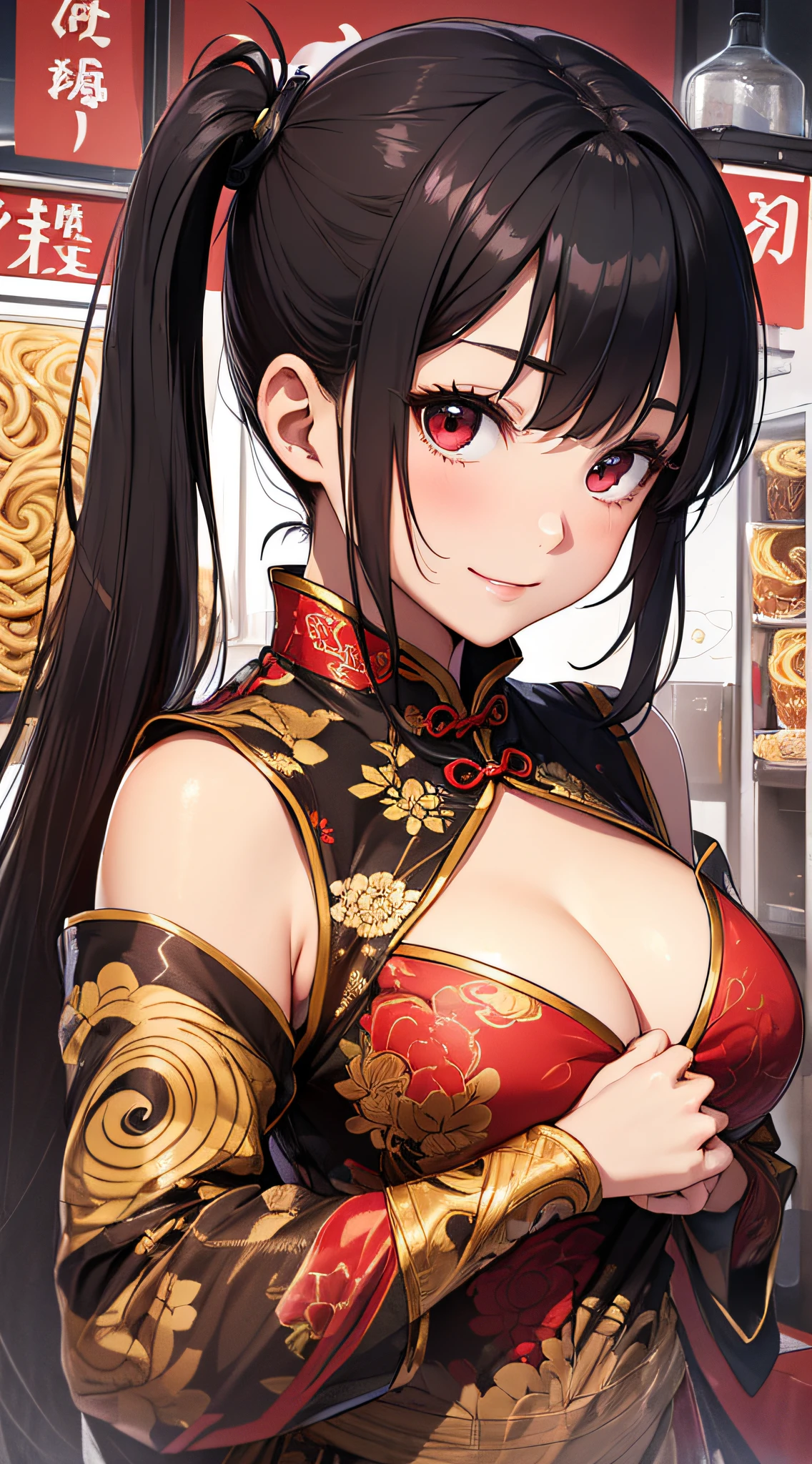 top-quality、Top image quality、masterpiece、girl with((18year old、Red cheongsam、Best Bust、Bust 90、Twintails with black hair、Red Eyes、open chest wide、Valley、Happiness、A slender、ssmile,drunken fist))hiquality、Beautiful Art、Background with((Beautiful ramen shop))、masutepiece、Elaborate design、visualart、