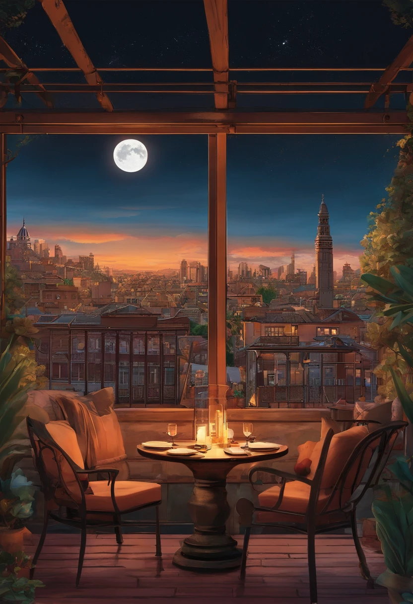 Transport yourself to a romantic rooftop setting, where a couple delights in a sumptuous pizza dinner under a starlit sky. The pizza is a masterpiece, baked in a traditional wood-fired oven, resulting in a perfectly charred crust and a harmonious blend of flavors. As the couple takes a bite, the city skyline glimmers in the background, creating a magical and enchanting atmosphere. Soft candlelight illuminates their faces, highlighting their expressions of pure bliss and love.