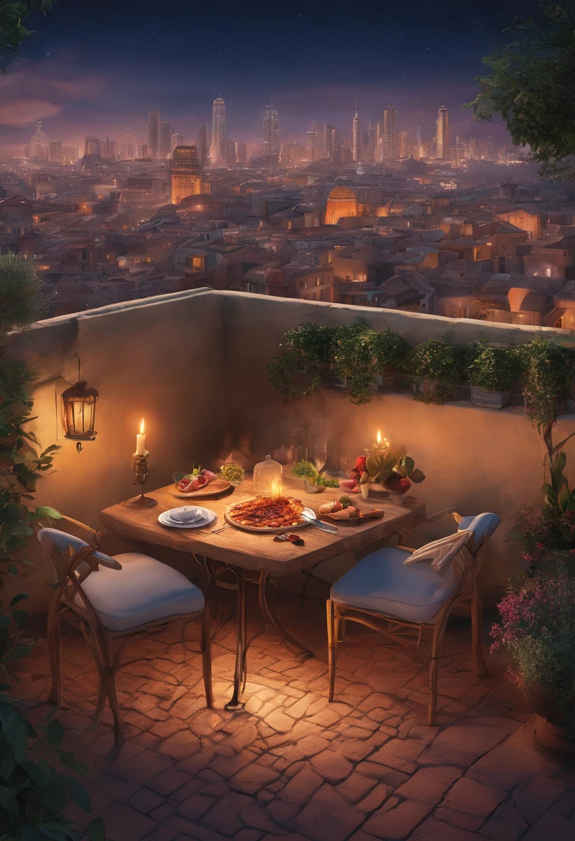Transport yourself to a romantic rooftop setting, where a couple delights in a sumptuous pizza dinner under a starlit sky. The pizza is a masterpiece, baked in a traditional wood-fired oven, resulting in a perfectly charred crust and a harmonious blend of flavors. As the couple takes a bite, the city skyline glimmers in the background, creating a magical and enchanting atmosphere. Soft candlelight illuminates their faces, highlighting their expressions of pure bliss and love.
