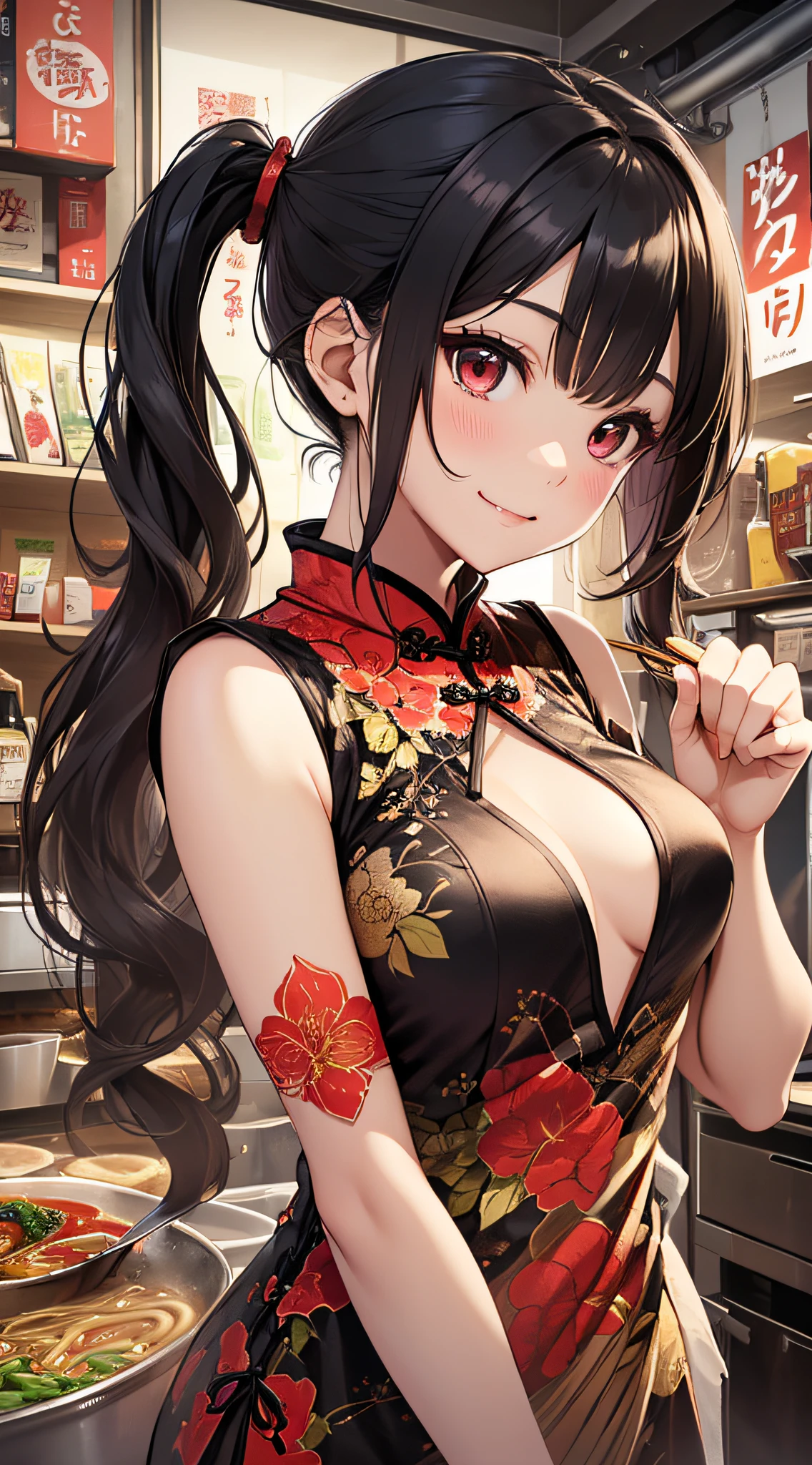 top-quality、Top image quality、​masterpiece、girl with((18year old、Red cheongsam、Best Bust、Bust 90、Twintails with black hair、Red Eyes、open chest wide、Valley、Happiness、A slender、ssmile,drunken fist)）hiquality、Beautiful Art、Background with((Beautiful ramen shop))、masutepiece、Elaborate design、visualart、