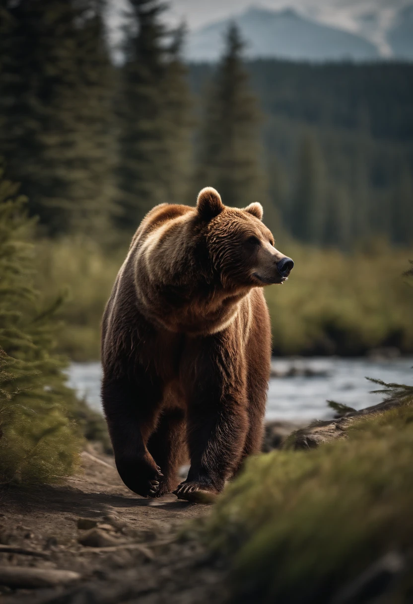 brown bear、Human-like brown bear、Wearing sunglasses、Human behavior､Carrying salmon