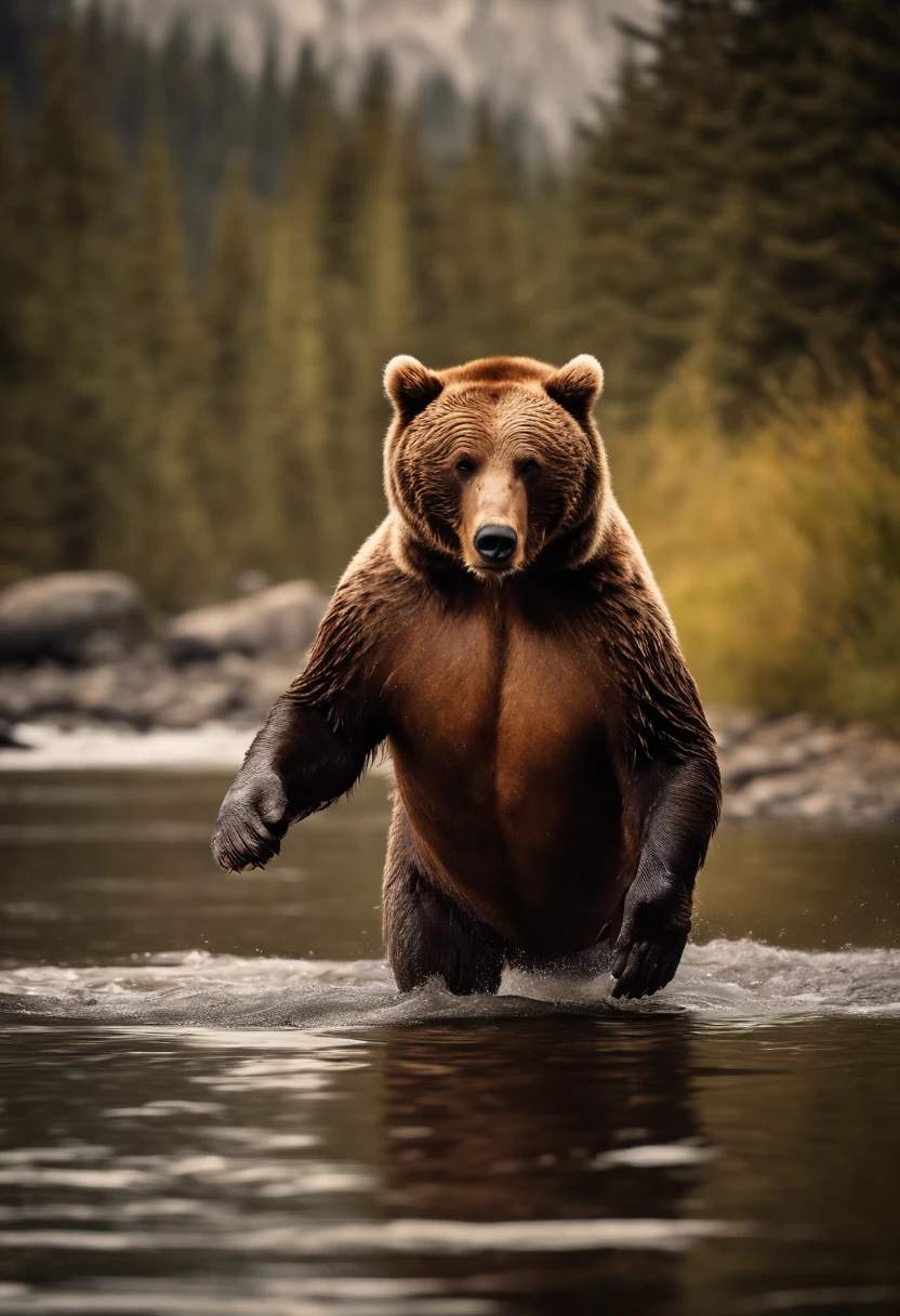 brown bear、Human-like brown bear、Wearing sunglasses、Human behavior､Carrying salmon