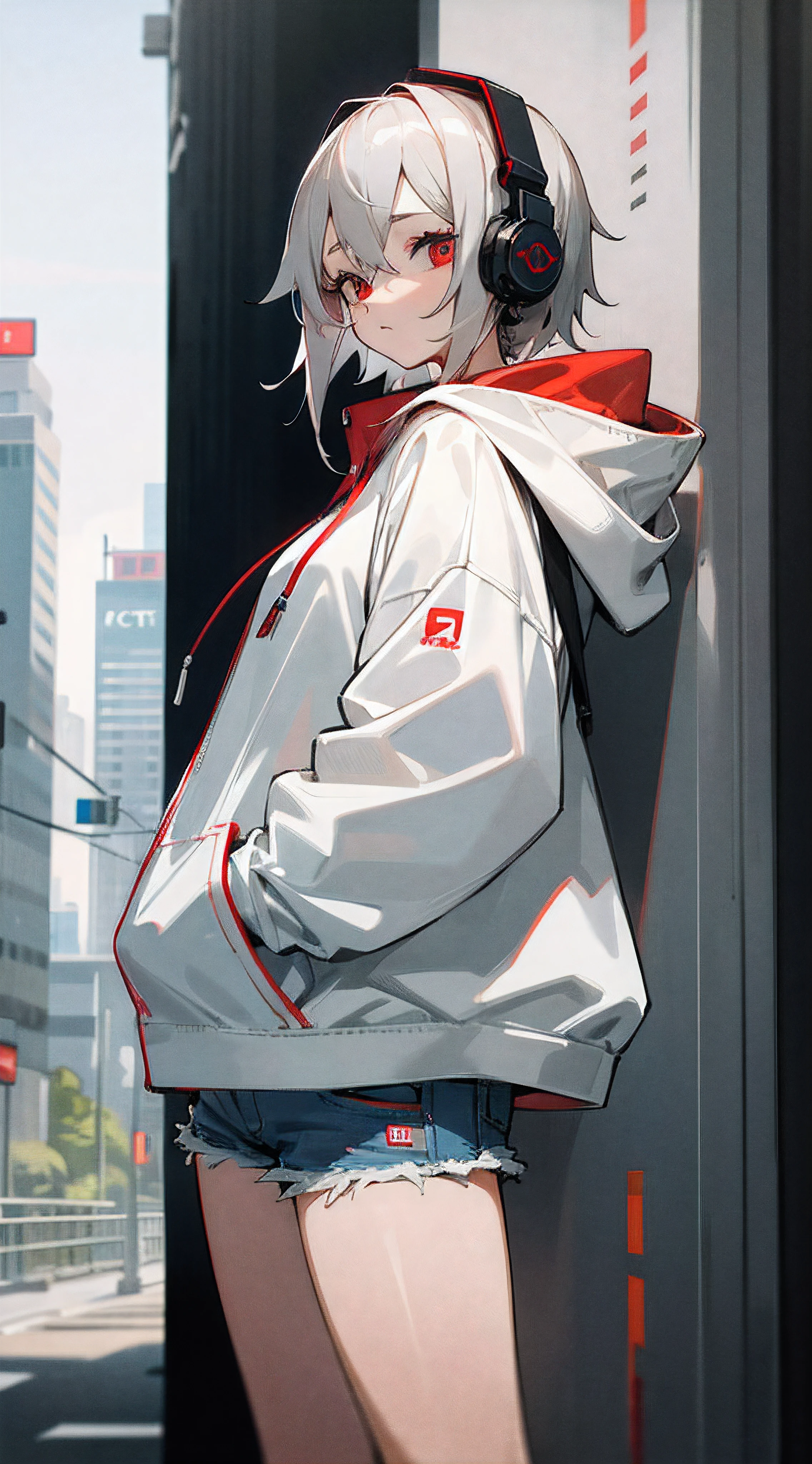 1girl, short ash grey hair, red eyes, wearing white hoodie, denim shorts, city, absurdes, high res, ultrasharp, 8K, masterpiece, looking at viewer, headphone