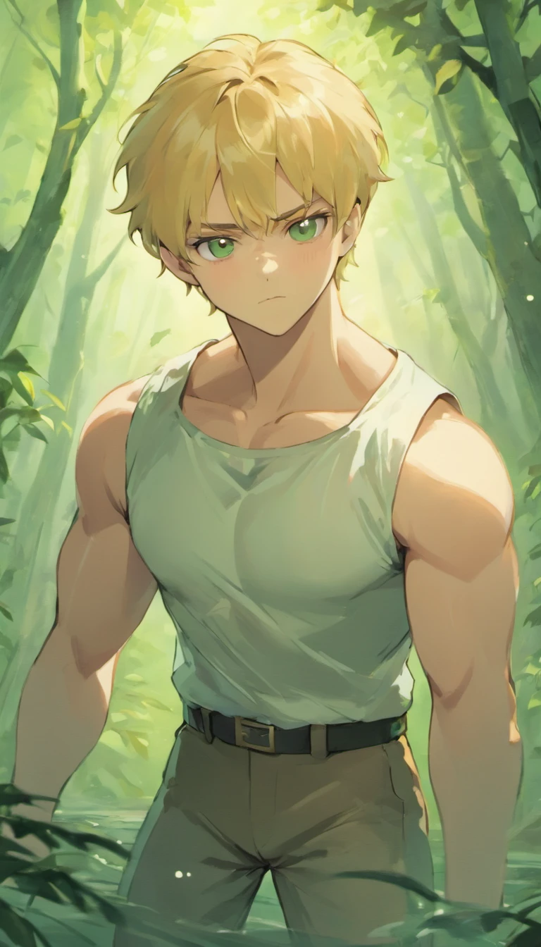 Ghibli style, Arnold Schwarzenegger, \(Arnold Schwarzenegger\), 1guy, American, (cheerful:1,5), Muscled, 50 years old adult man, armlet, bangs, Blond hair, black undershirt, breasts, cape, circlet, earrings, facepaint, floating hair, forest, fur cape, necklace, outdoors, parted bangs, shirt, short hair, sleeveless, sleeveless shirt, solo, tooth necklace, tree, upper body, white shirt pointing the viewer, looking at viewer, sitting on a bent tree branch leaning towards the water, green background luxuriant forest in studio ghibi style, solo, muscular physique, confident expression, iconic jawline, strong jawline, intense gaze, cinematic composition, ((masterpiece)), blonde hair, closed mouth, simple background, upper body