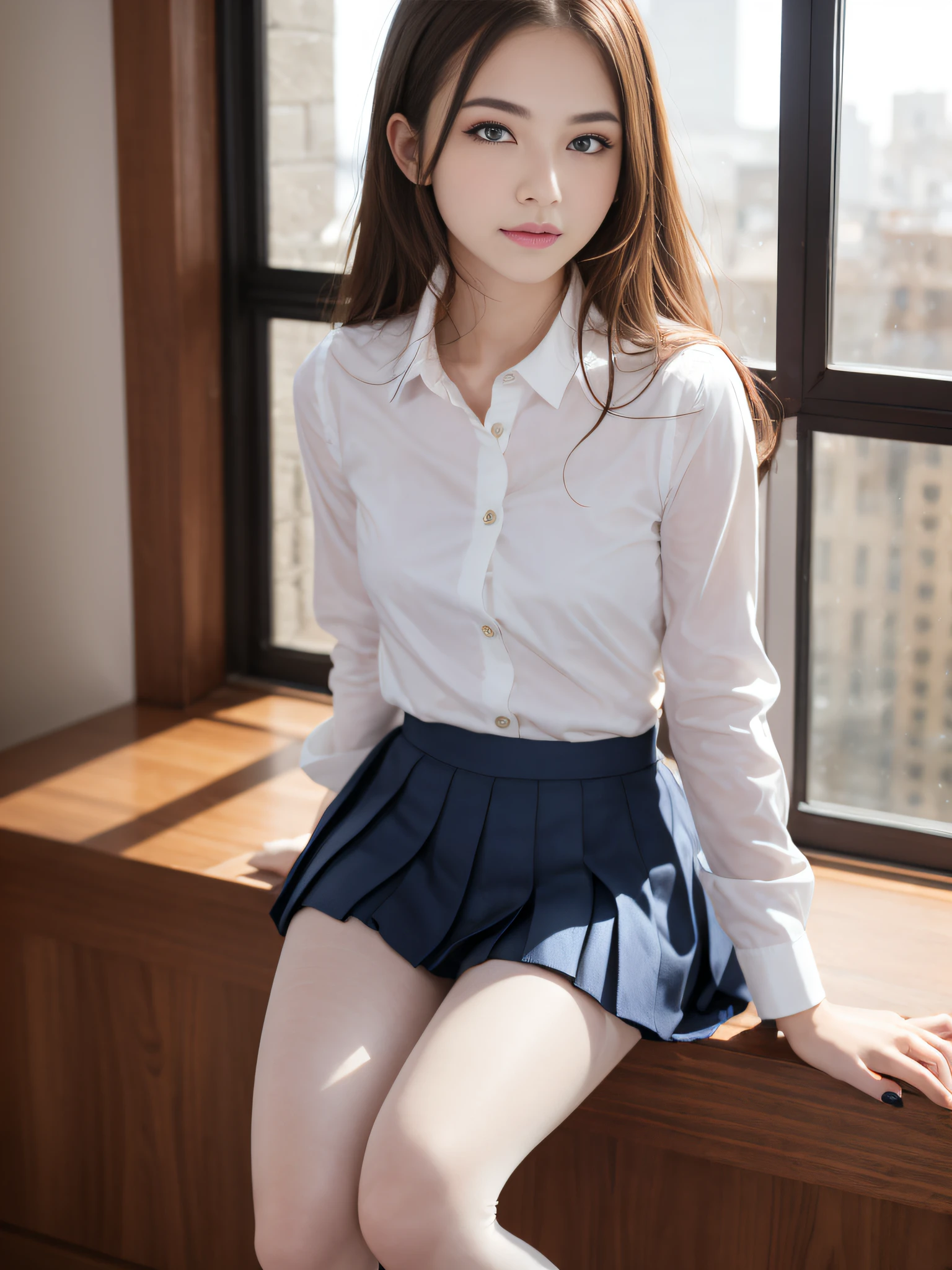 perfect proportions of a woman's body, a beautiful face of a 19 year old actress, blazer is worn with formal shirt, woman's crotch under short skirt, vagina, woman's pubic hair, sitting on the sofa in living room, opened legs, nsfw, best quality, highly detailed, masterpiece, ultra high res, photo realistic, 8k, japanese