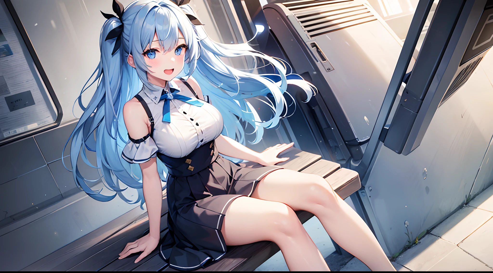 1 girl, game CG, white shirt, shoulders visible, short skirt, string hair ribbon, gigantic breasts, light blue hair, middle hair, two side up, blue eyes, park, smile, open mouth, sit,