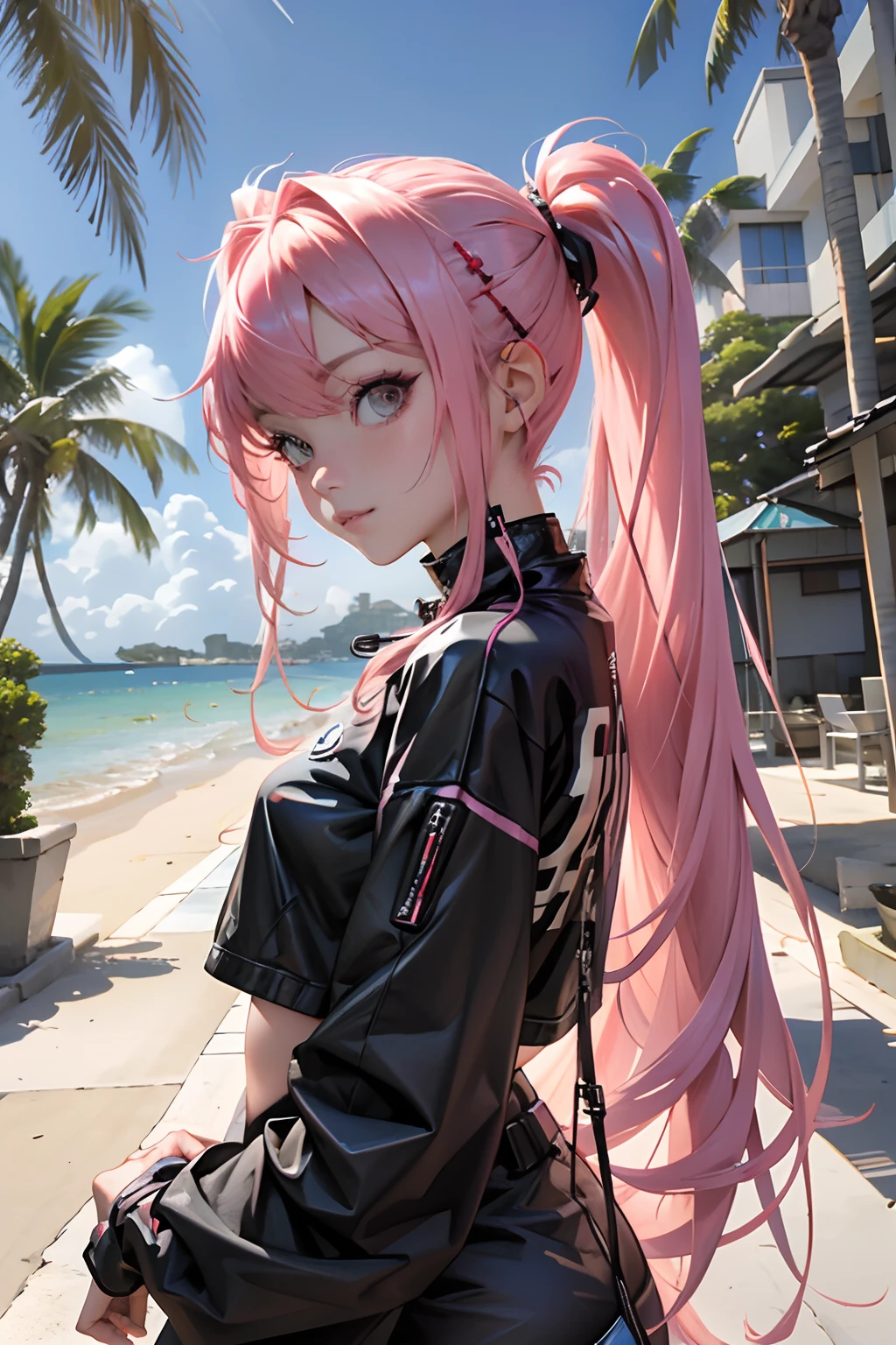 Beautiful woman pink twin tail long hair、cyberpunk style short clothes、gazing at viewer、front facing、sea side、Palm trees、ssmile