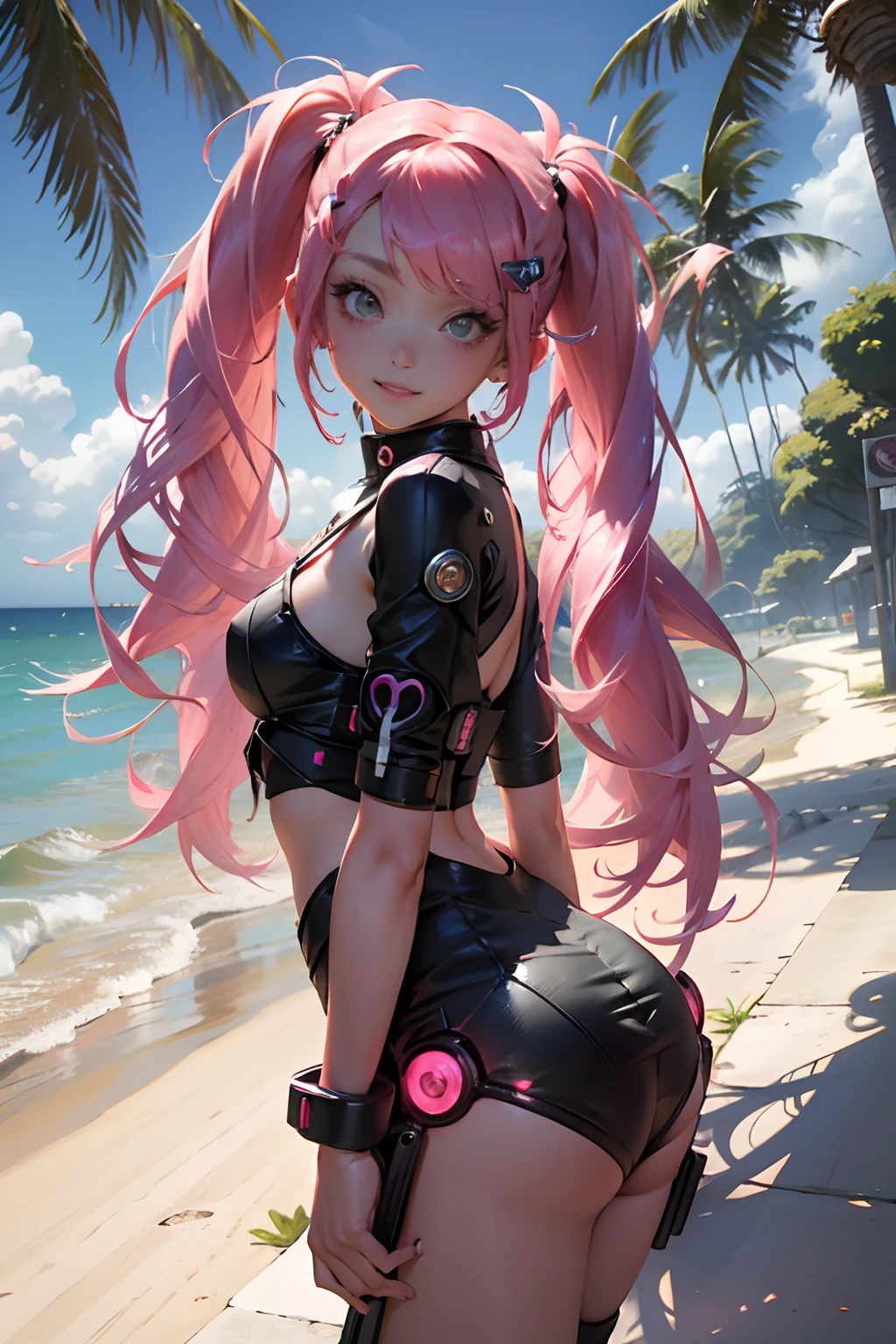 Beautiful woman pink twin tail long hair、cyberpunk style short clothes、Putting on cat ears、gazing at viewer、front facing、A slight smil、sea side、Palm trees