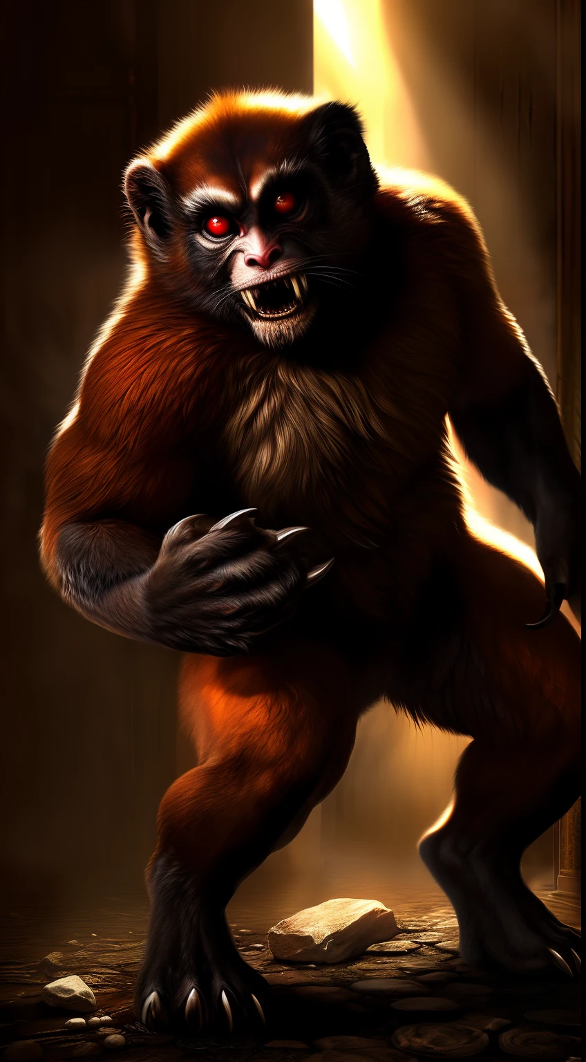 (Best Quality,Ultra-detailed,Realistic:1.37)、anthology、 Ferocious Monkey, Solo, Woman's, Atrocious、cruel、offensive、Evil face、sharp claws、Sharp fangs、Detailed red eyes, human sized、Standing, (realistic fur, furr, realistic fur texture:1), Horror movie lighting、(Full body:1.8)