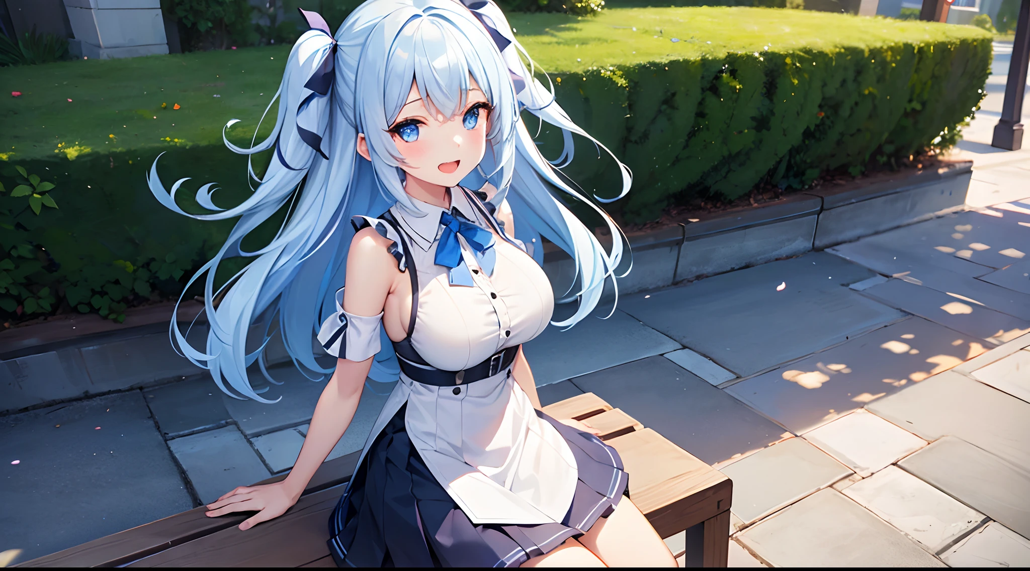 1 girl, game CG, white shirt, shoulders visible, short skirt, string hair ribbon, gigantic breasts, light blue hair, middle hair, two side up, blue eyes, park, smile, open mouth, sit,
