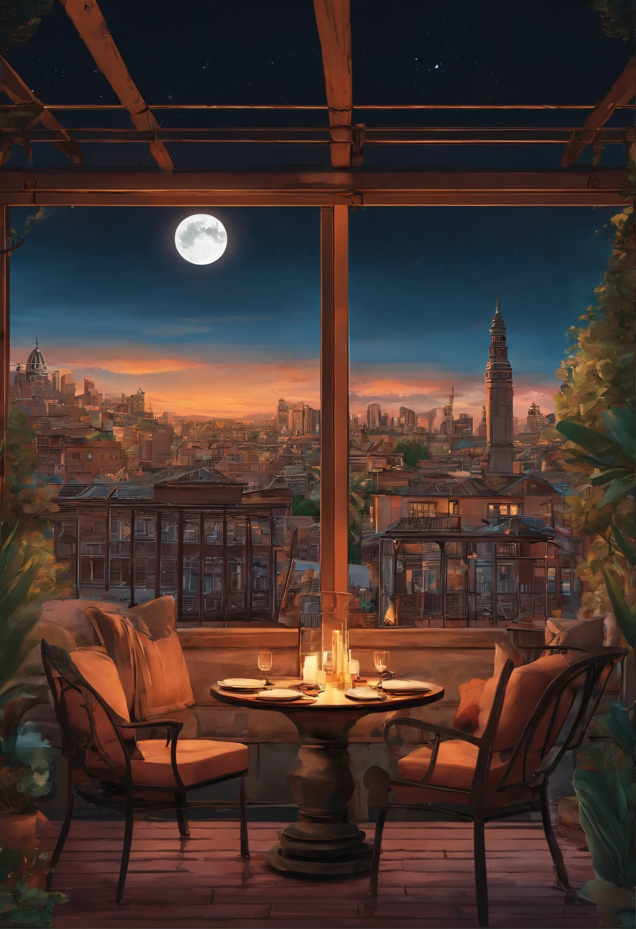 Transport yourself to a romantic rooftop setting, where a couple delights in a sumptuous pizza dinner under a starlit sky. The pizza is a masterpiece, baked in a traditional wood-fired oven, resulting in a perfectly charred crust and a harmonious blend of flavors. As the couple takes a bite, the city skyline glimmers in the background, creating a magical and enchanting atmosphere. Soft candlelight illuminates their faces, highlighting their expressions of pure bliss and love.