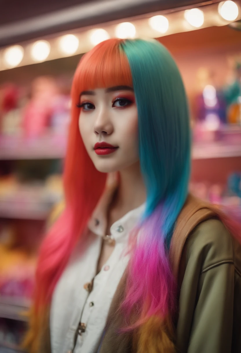 Girl with flashy hair with false eyelashes in a colorful store in Harajuku。photos realistic。4K