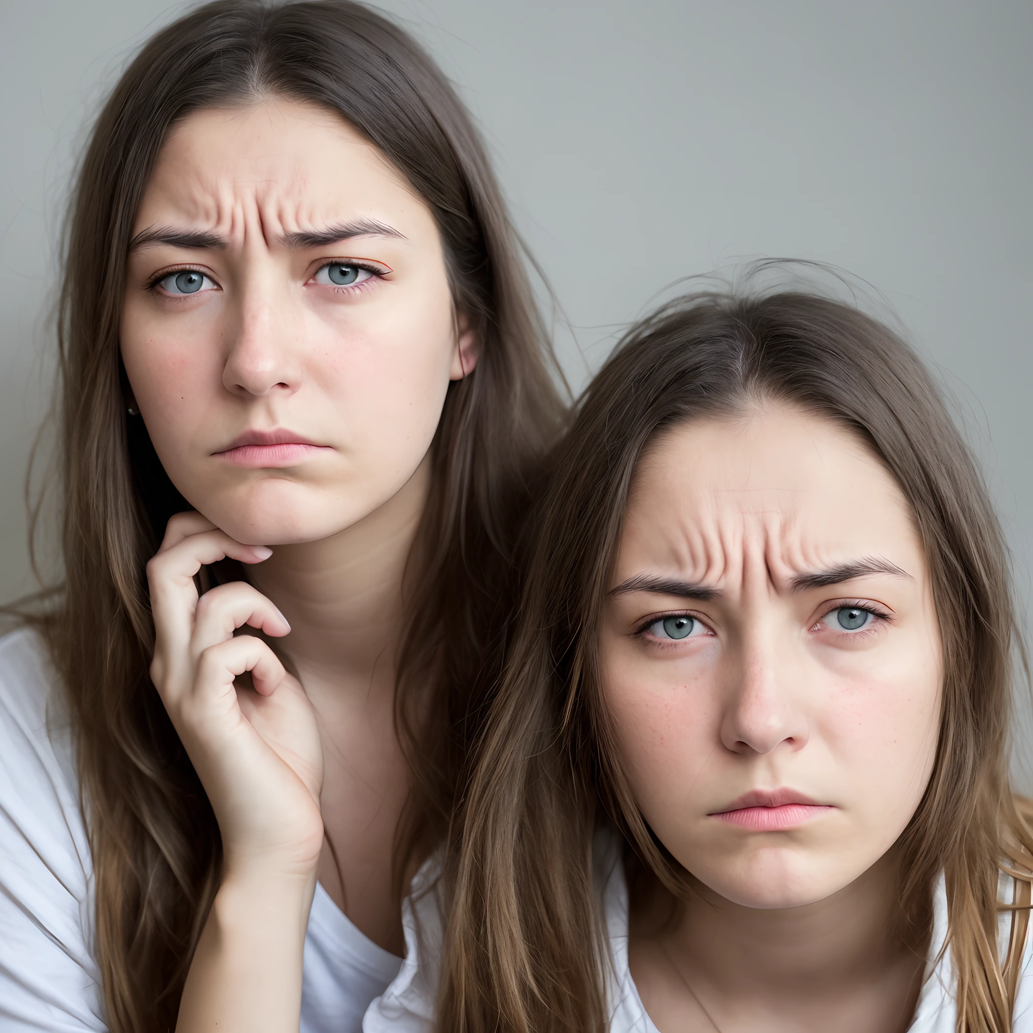 2heads, two headed girl, (one head child:1.5), (one head adult:1.5) (uncomfortable and annoyed:1.2)