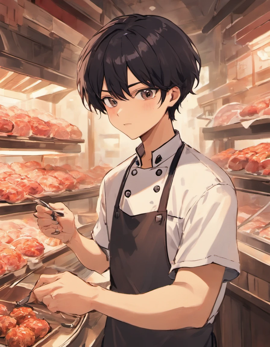 A black-haired chef in a butcher's shop,With a hat and a towel around his neck, he made meatballs by hand
