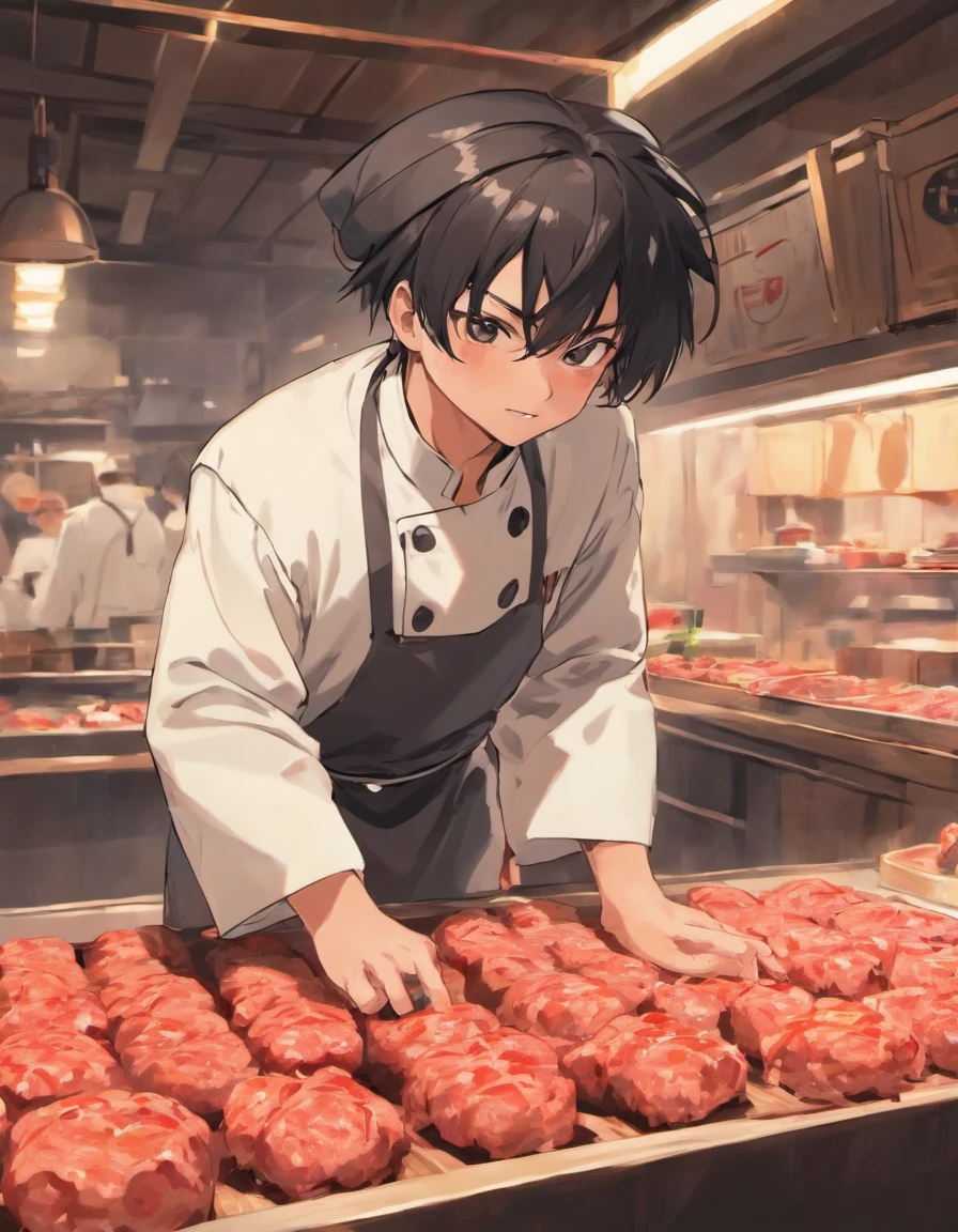 A black-haired chef in a butcher's shop，With a hat and a towel around his neck, he made meatballs by hand