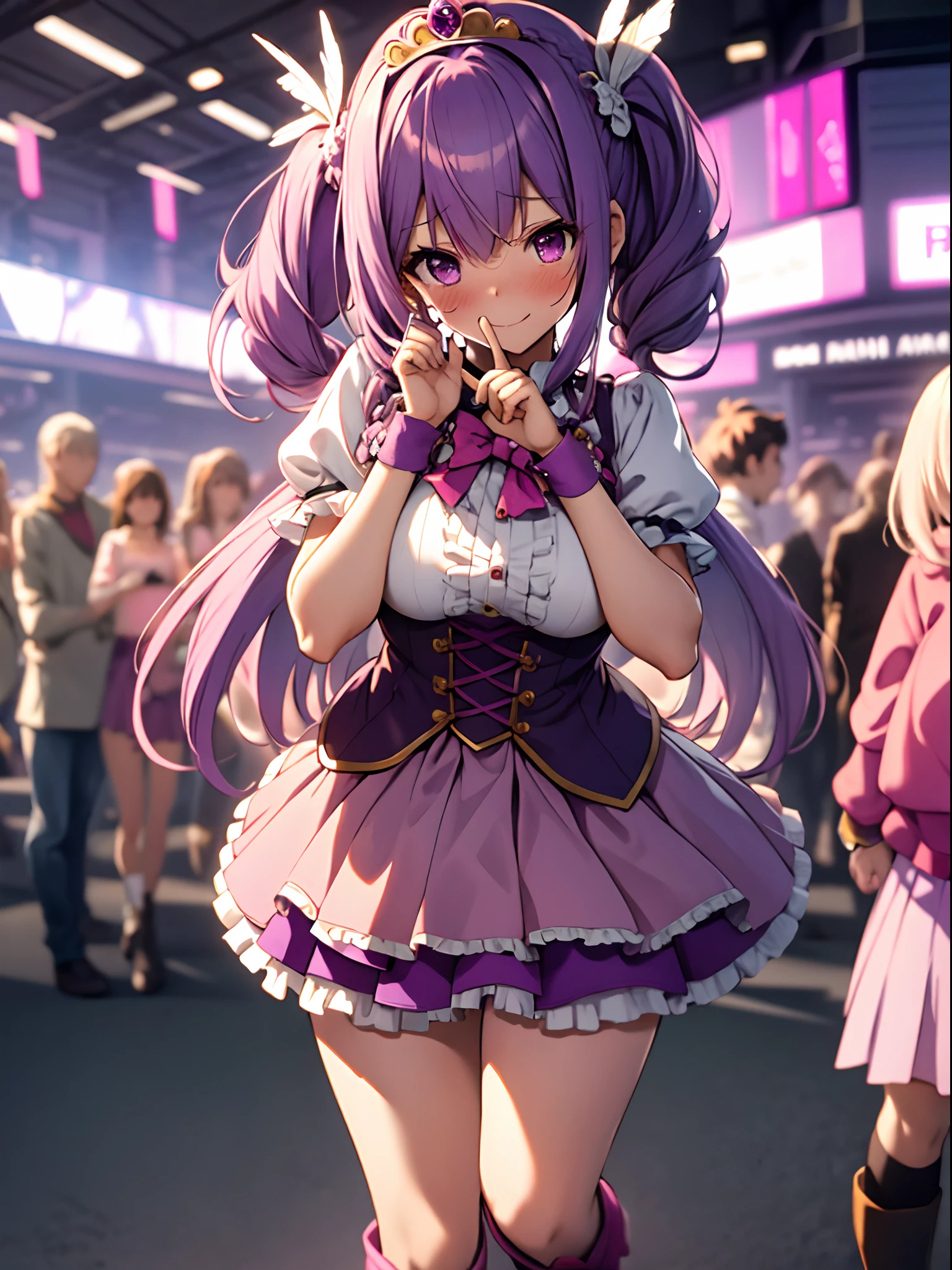 (masterpiece, best quality, highres), 1girl, (hi1, purple hair, single braid, purple eyes, large breasts:1.2, hair bow), feather hair ornament, pink frilly blouse, pink skirt, tiara, wrist cuffs, pink shorts, shorts under skirt, boots, (embarrassed:1.5), cure happy, in front of a large crowd, cute pose, V sign,