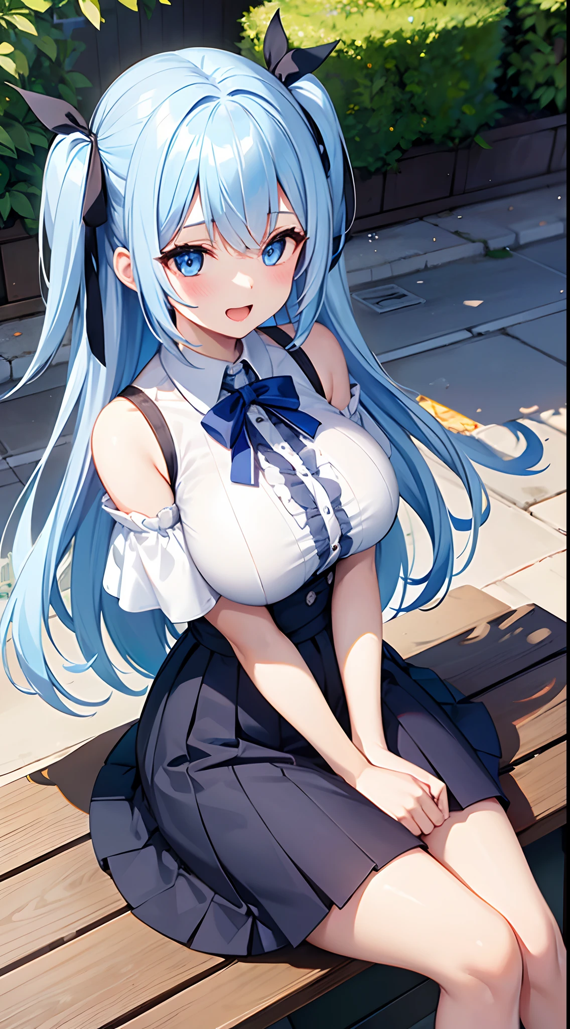 1 girl, game CG, white shirt, shoulders visible, short skirt, string hair ribbon, gigantic breasts, light blue hair, middle hair, two side up, blue eyes, park, smile, open mouth, sit,