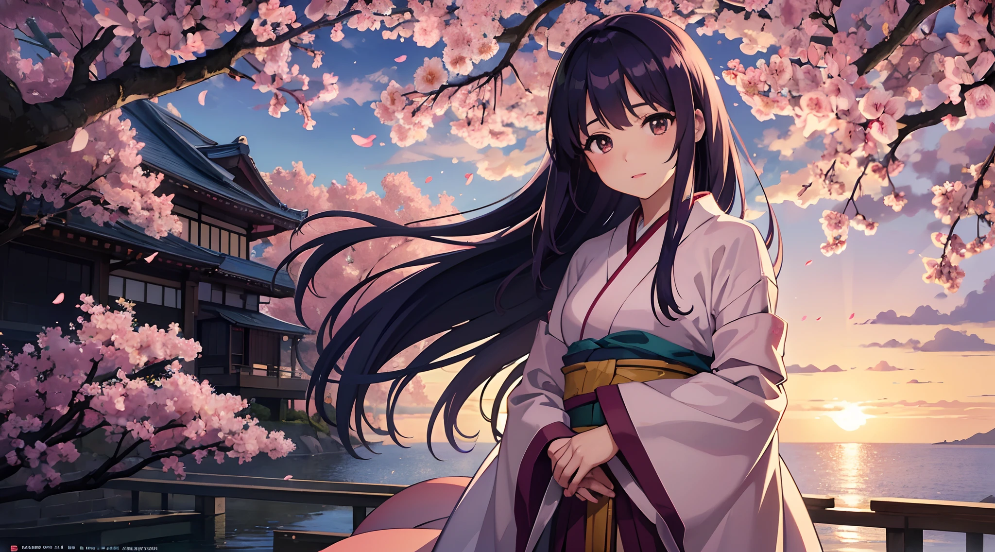 (Best Quality,4k,8K,hight resolution,Masterpiece:1.2),Ultra-detailed,(Realistic,Photorealistic,photo-realistic:1.37),anime girl,Standing under cherry blossoms,Falling petals,illustartion,Sakura,Anime style,soft colors,soft-lighting,beautiful detail eyes,beautiful detailed lips,hairsh, fluttering in the wind,blush on cheeks,cute expression,Traditional Japanese clothing,Natural surroundings,serene atmosphere,Peaceful environment, purple hair color, brown eye, Beautiful sunset, The Setting Sun, five fingers, two arms, two arms, Without inscriptions