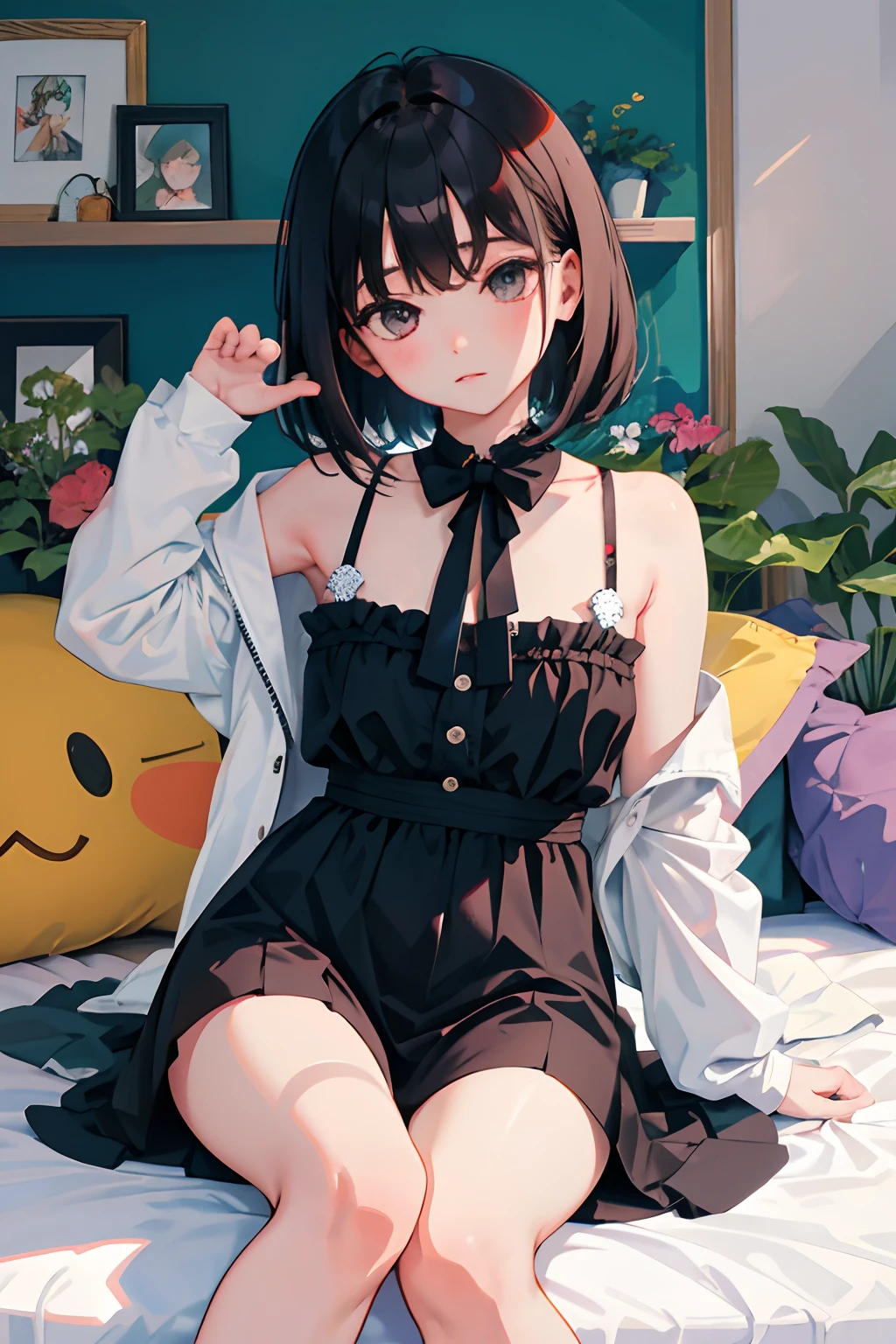 ()，highest quality，Beautiful face in every detail，cute，Dark brown eyes，(背の低いcute女の子，Smallg student，Yoicate girl）,（masterpiece，Top quality)，Black Hair，Sleepy expression，Sleeveless，(White shorts)，Crouching