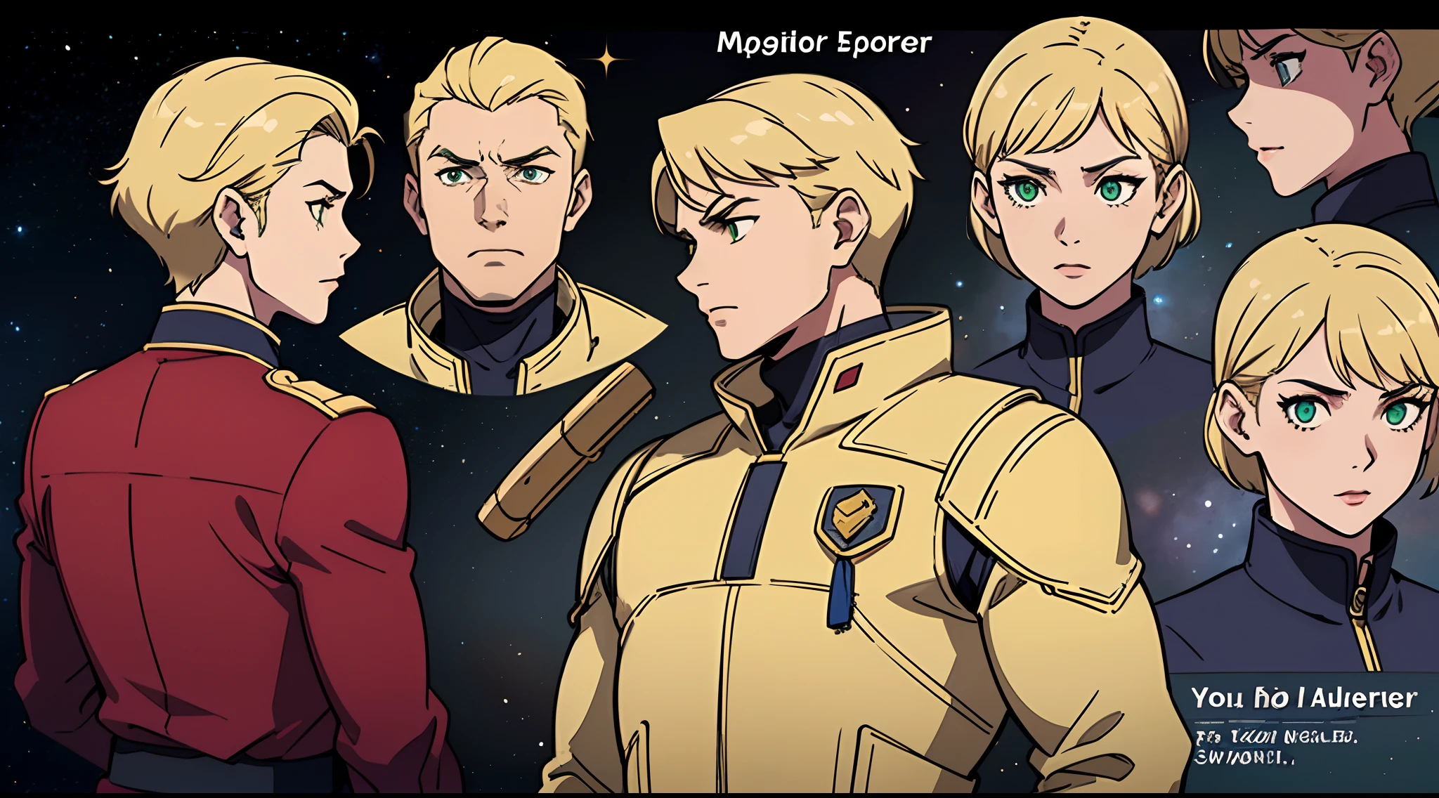 (Masterpiece, best quality), detailed, (1man), ((character concept art)), ((character design sheet, same character, front, side, back)), many items, (sci-fi adventurer, space guild lieder uniform, ex dungeon explorer, royal cloth, many parts), detailed green eyes, detailed face, different expressions, muscular, athletic, blonde hair, dark skin, detailed hair, unformal style haircut, full of details.