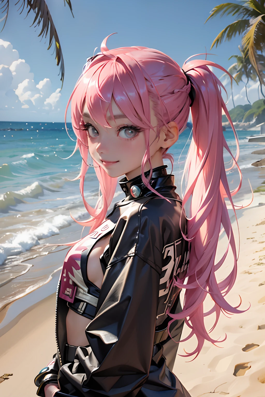 (((anime))), ((animated)), (GAL:1.3), medium hair, (braid hair:1.3), (blunt bangs:1.2),two-tone hair, blonde hair, (pink hair), round face, red eyes, (drooping eyes), (((tareme))),Pink Lip,piercing,necklace,[black skin],(wet skin),(smile),shy,blush, ((((cute)))), beautiful, 1 girl, solo,(rash guard:1.3),(spread legs:1.5),beautiful background,(beach:1.5),((morning)),sunlight,backlighting,masterpiece,best quality,exquisite,8k,absurdres,super fine illustration,(looking at viewer),