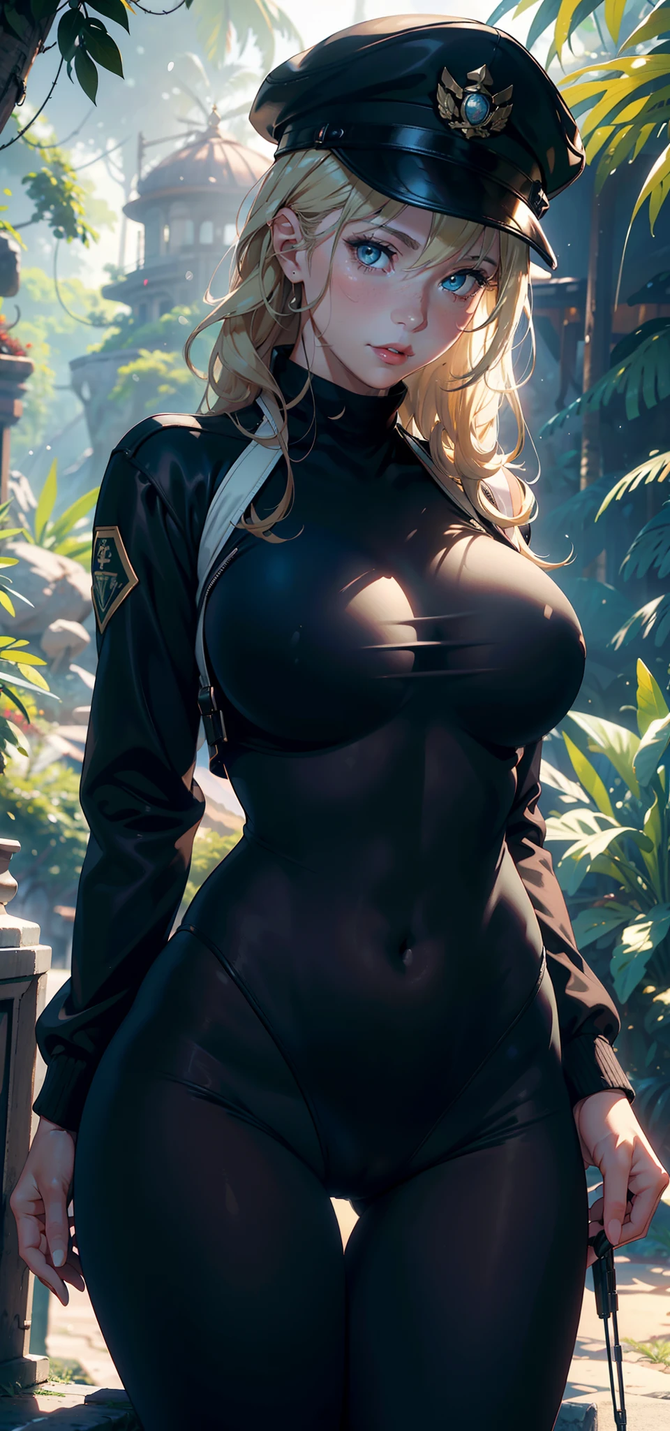 1female，41 years old，熟妇，A MILF ，Married Woman， mature，plumw，extremely large bosom ，Pornographic exposure， 独奏，（Background with：stunning view，the rainforest，Deep in the forest，There is a lot of war）Snow-white skin， She has short blonde hair，seen from the front， hair straight，（（（tmasterpiece），（Very detailed CG unity 8K wallpaper），best qualtiy，cinmatic lighting，detailed back ground，beatiful detailed eyes，Bright pupils，Redlip（Very fine and beautiful），（Beautiful and detailed eye description），ultra - detailed，tmasterpiece，）），facing at camera，A high resolution，ultra - detailed），revealing breasts，Bare genitalia，  Bulge，legs are open，Raised sexy，Camel toes，Flushed complexion，American GI，frontage，military hat（Wearing：Dark green baseball jacket，tactical gear，Black tights）hand gun