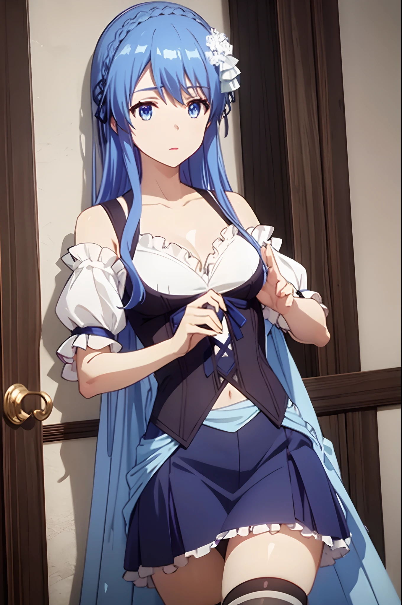 lessar, lessar, blue hair, blue eyes, demon tail, hairband, long hair, mechanical tail, multicolored hair, tail, (small breasts:1.2), BREAK jacket, skirt, striped, striped thighhighs, thighhighs, shirt, white shirt, blue skirt, zettai ryouiki, blue sleeves, red sleeves, BREAK looking at viewer, upper body, fully body, BREAK outdoors, BREAK (masterpiece:1.2), best quality, high resolution, unity 8k wallpaper, (illustration:0.8), (beautiful detailed eyes:1.6), extremely detailed face, perfect lighting, extremely detailed CG, (perfect hands, perfect anatomy),