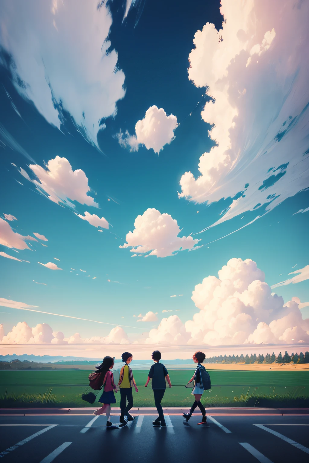 There were three people walking together, colorful kids book illustration, Heartwarming illustration,There are white clouds, animation illustrative style, illustration!,