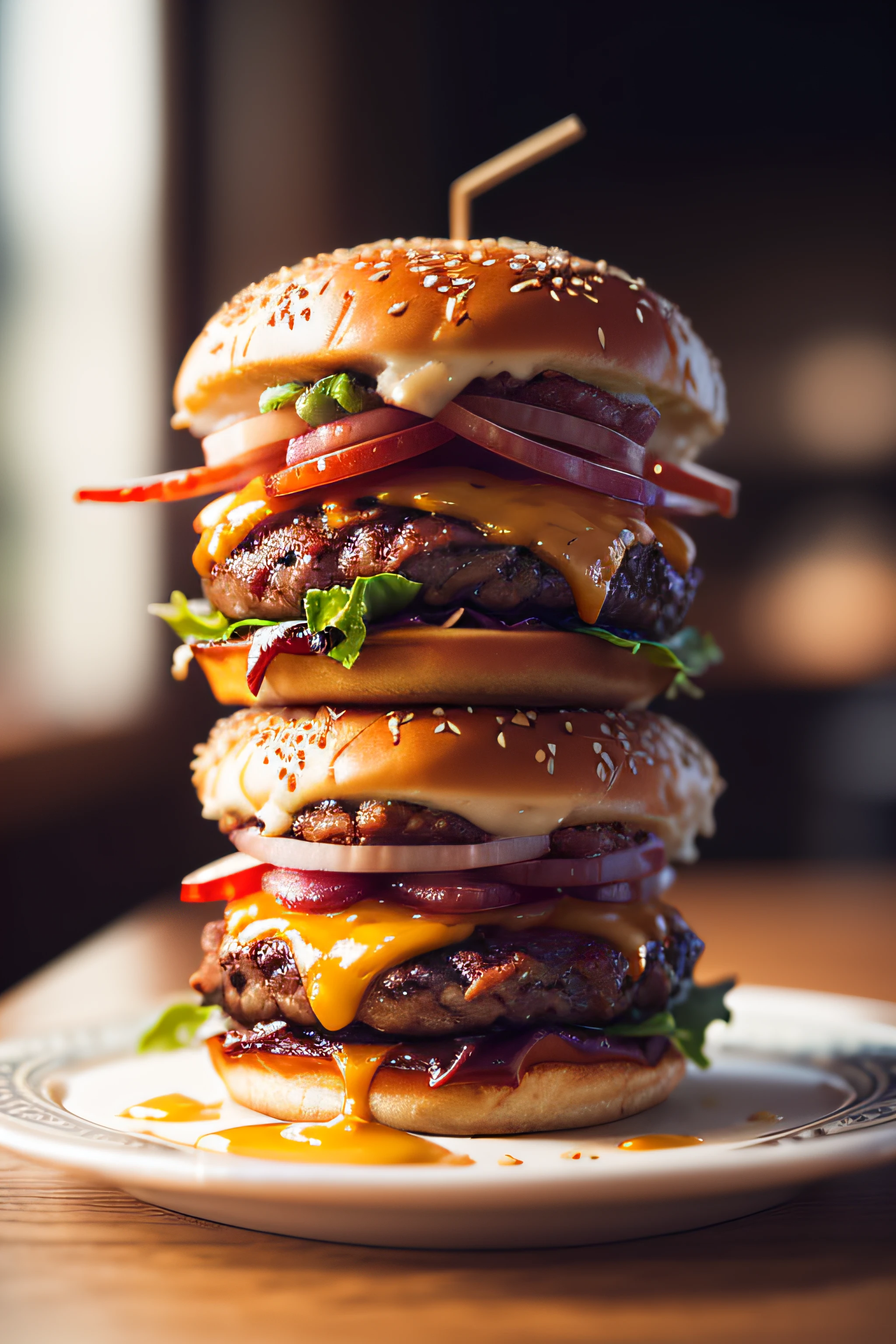 (Juicy and tasty, Hot, promo photo, Intricate details, nffsw, Cinematic, adobe lightroom, Highly detailed burgers that fall apart, from side, mouth-watering, Vertically long)