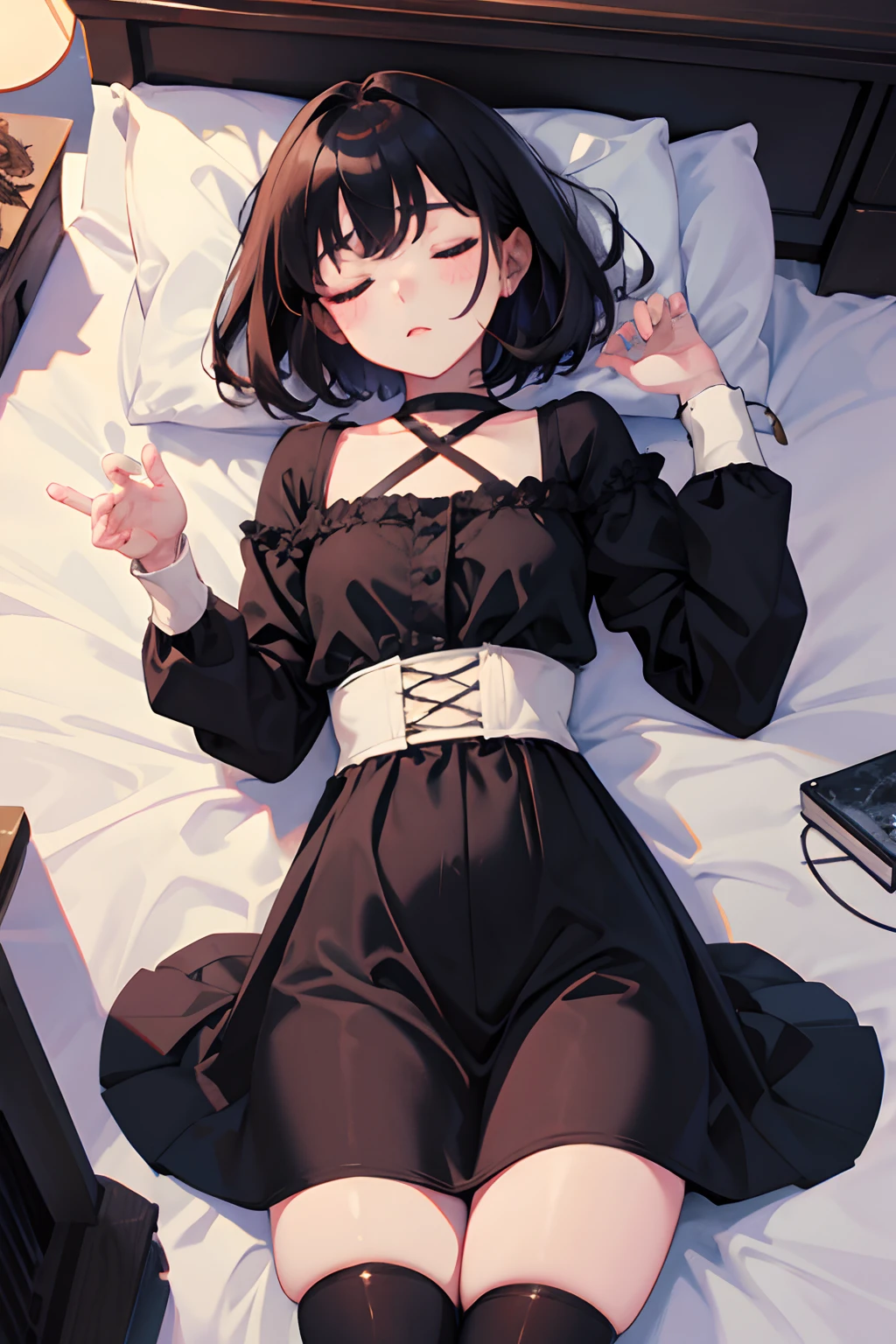 （Pretty sister:1.3）、((Super detailed))、night、Bedroom、On the bed、Close your eyes、Going to bed、Shining night sky、((1 person)),detailed panties,white camisole