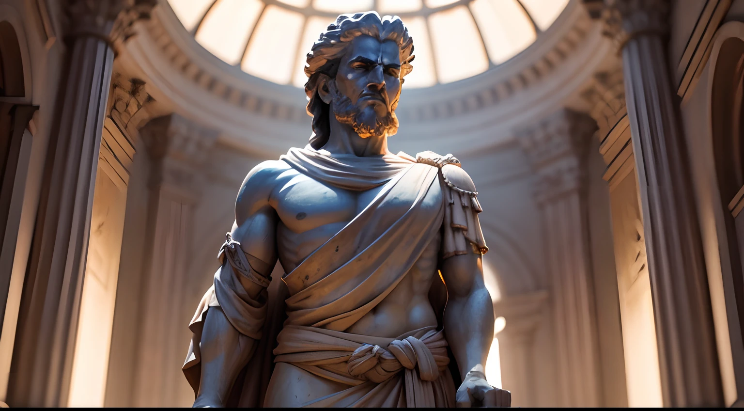 Strong Stoic statue, with an expression of anger, in the open air, Contrastado, digital, na noite escura, fundo grego antigo do templo, 35 mm, lateralmente, Filmado em Sony A7S III com Sony FE 35mm f/1.8, 12.1 MP, --AR 3:2 --estilo cru