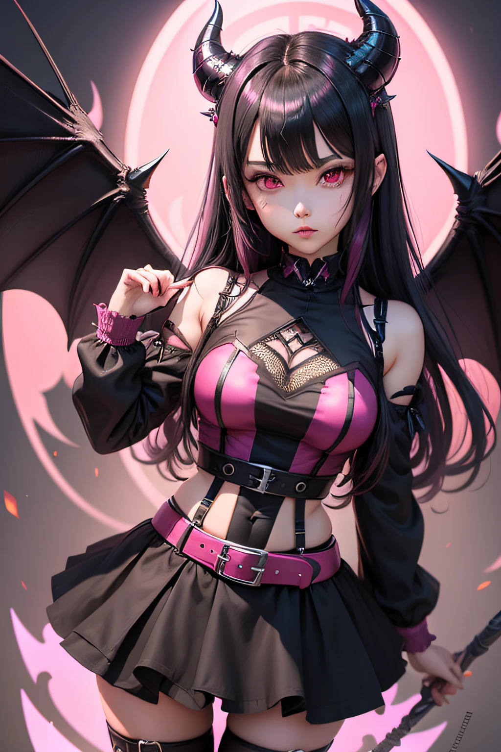 Diabolical　kawaii　Pink mesh with black hair　Pink eyes　demon realm　animesque　　Sauce order　Fantastic background　hightquality　garterbelts　Beautuful Women　top-quality　student clothes　Devil's Wings　Shy face
