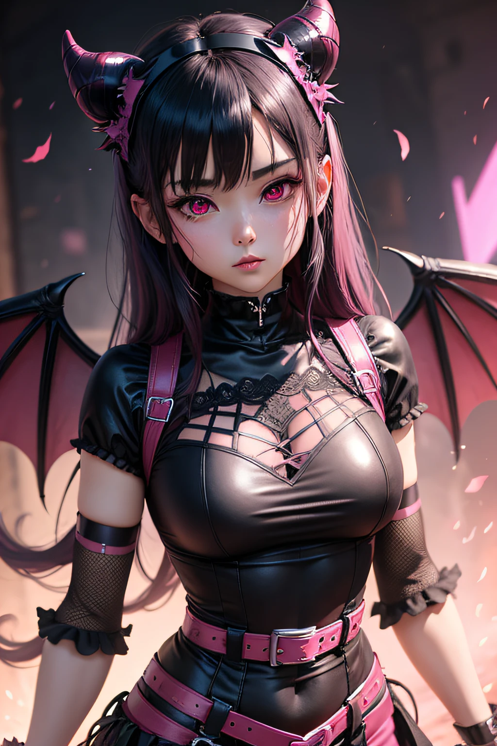 Diabolical　kawaii　Pink mesh with black hair　Pink eyes　demon realm　animesque　　Sauce order　Fantastic background　hightquality　garterbelts　Beautuful Women　top-quality　student clothes　Devil's Wings　Shy face