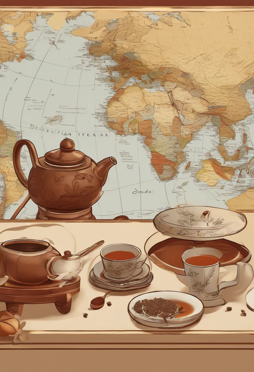 A set for brewing tea sencha, consisting of a teapot, a strainer, a cup and a spoon. On the background there is a map of the world with marked countries from which teas and coffees of the world come from.